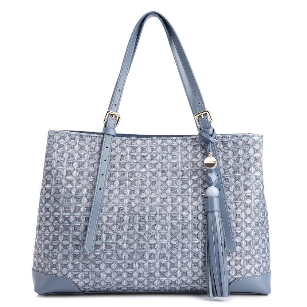 Bolsa Tote Ráfia Mosaico Azul