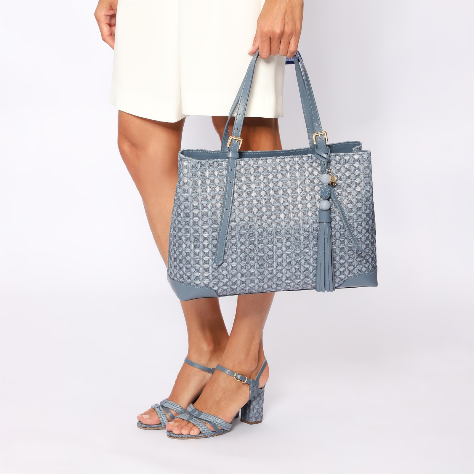 Bolsa Tote Ráfia Mosaico Azul