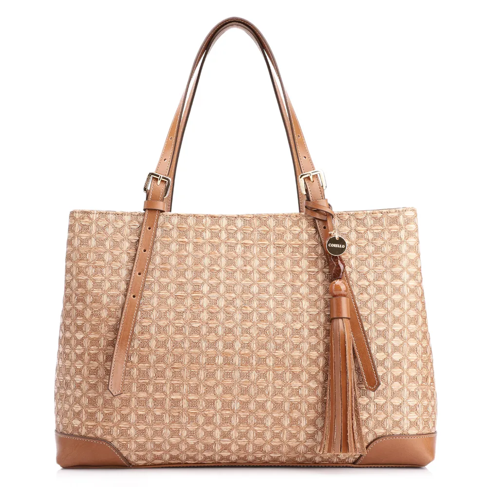 Bolsa Tote Ráfia Mosaico Marrom