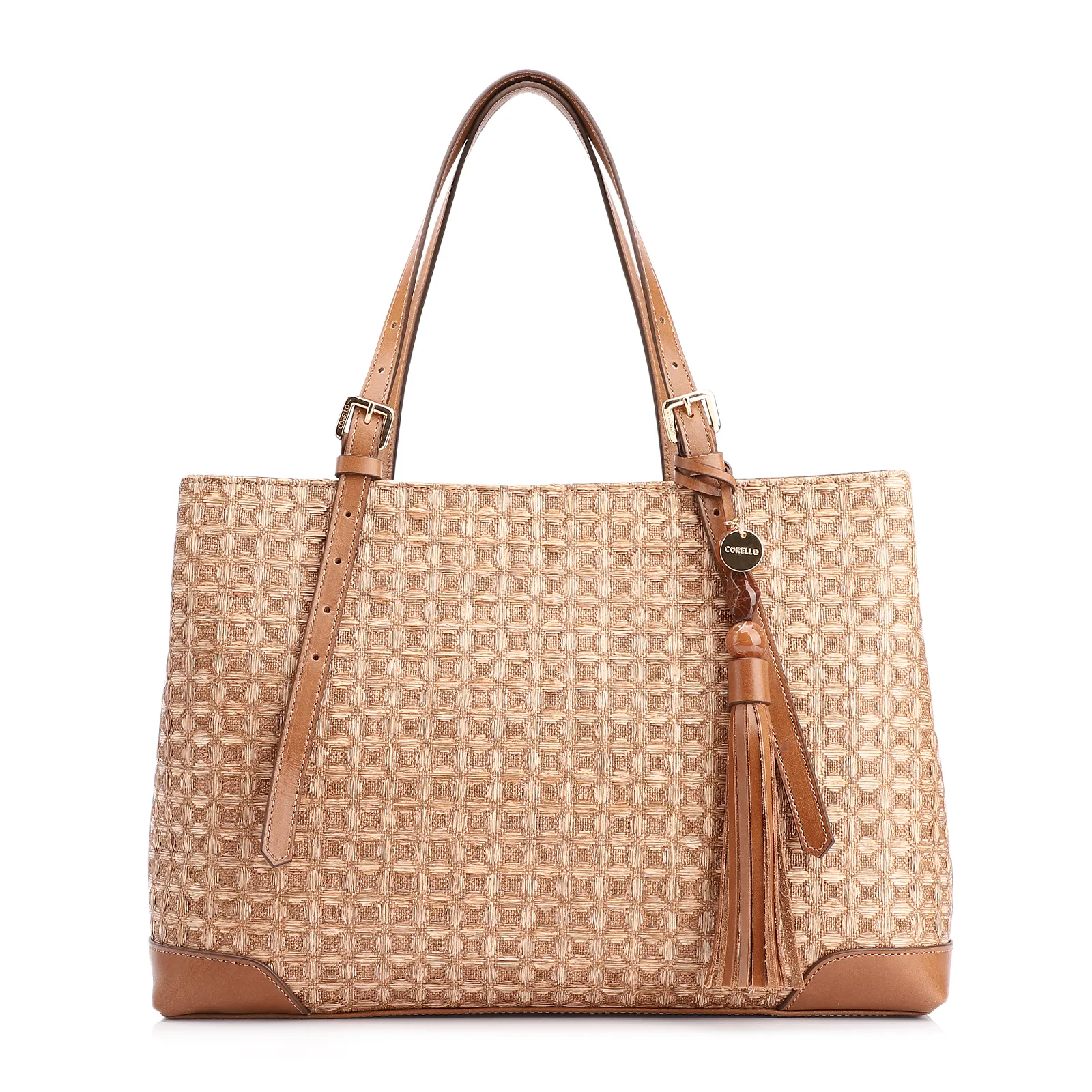 Bolsa Tote Ráfia Mosaico Marrom