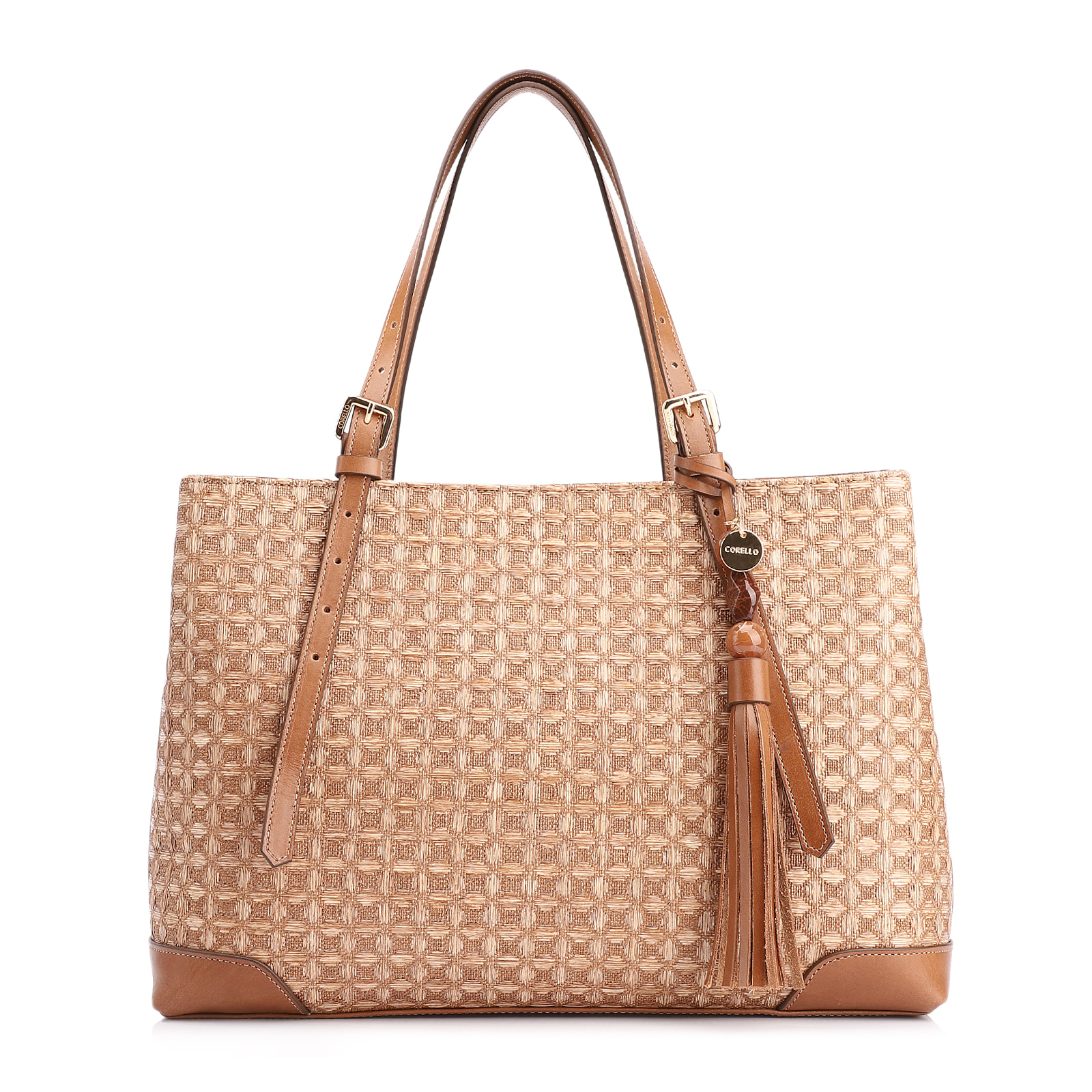 Bolsa Tote Ráfia Mosaico Marrom
