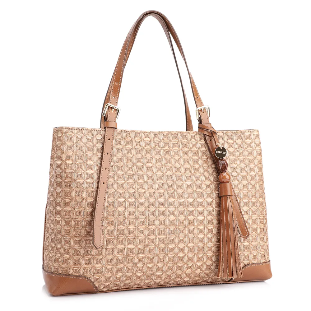 Bolsa Tote Ráfia Mosaico Marrom - imagem 3