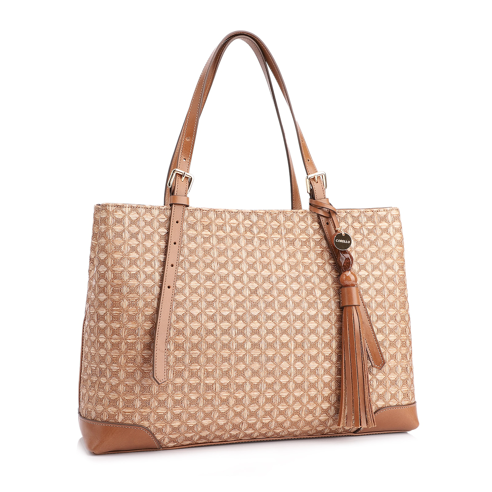 Bolsa Tote Ráfia Mosaico Marrom