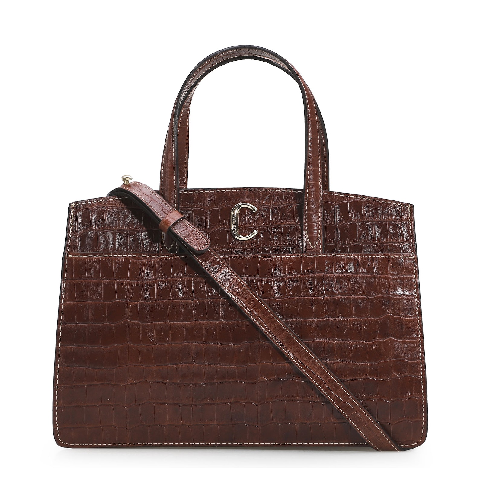 Bolsa Tote Scarlet Croco Marrom Escuro