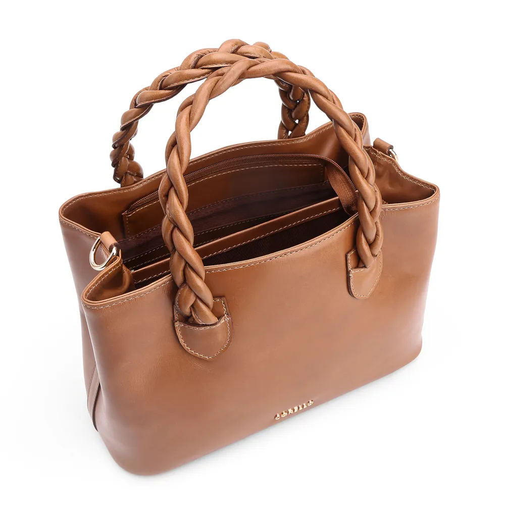 Bolsa Tote Trançada Couro Marrom Claro - imagem 4