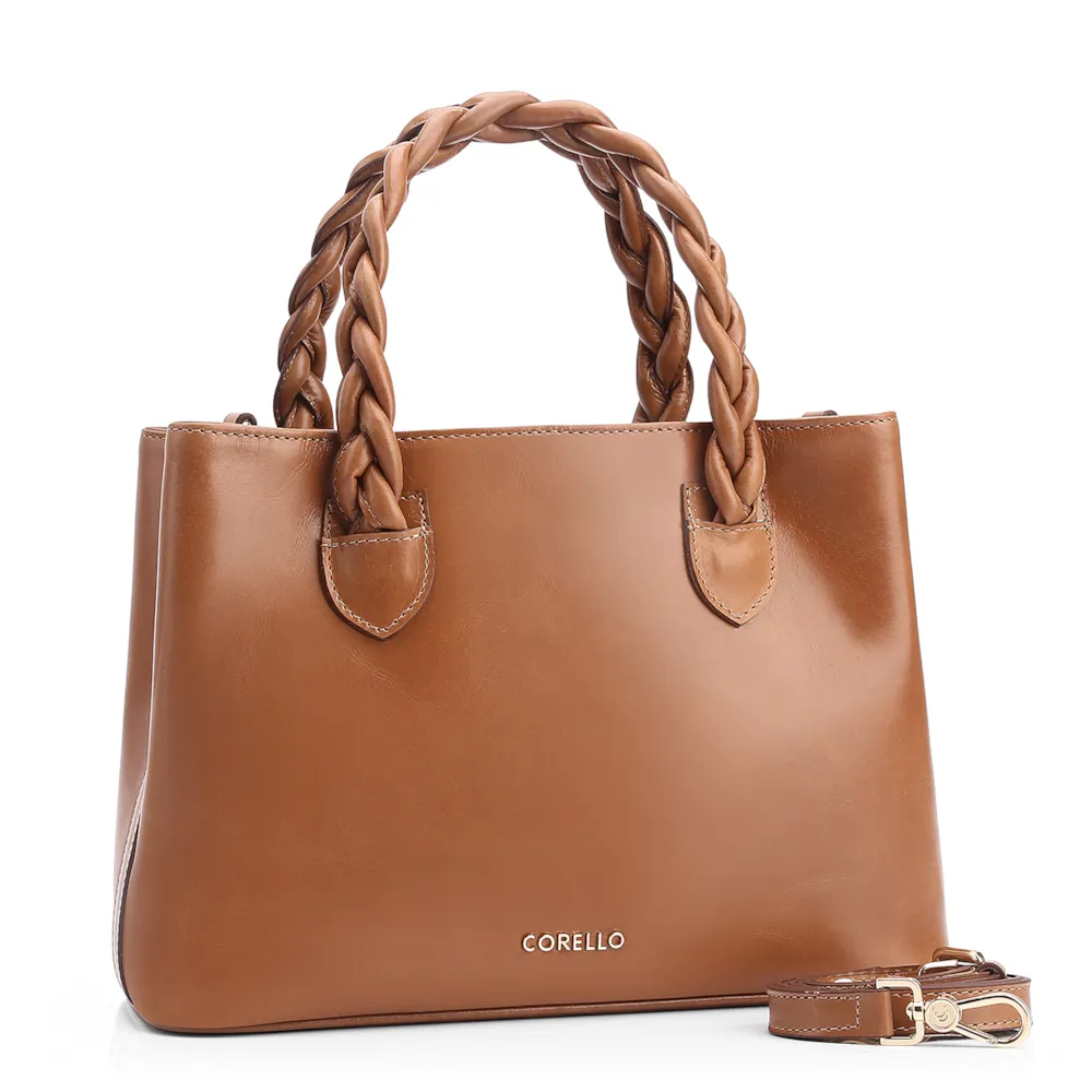 Bolsa Tote Trançada Couro Marrom Claro - imagem 2