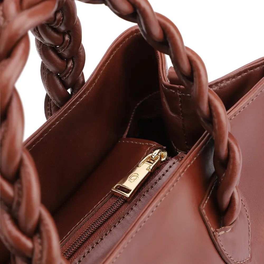 Bolsa Tote Trançada Couro Marrom Escuro - imagem 5