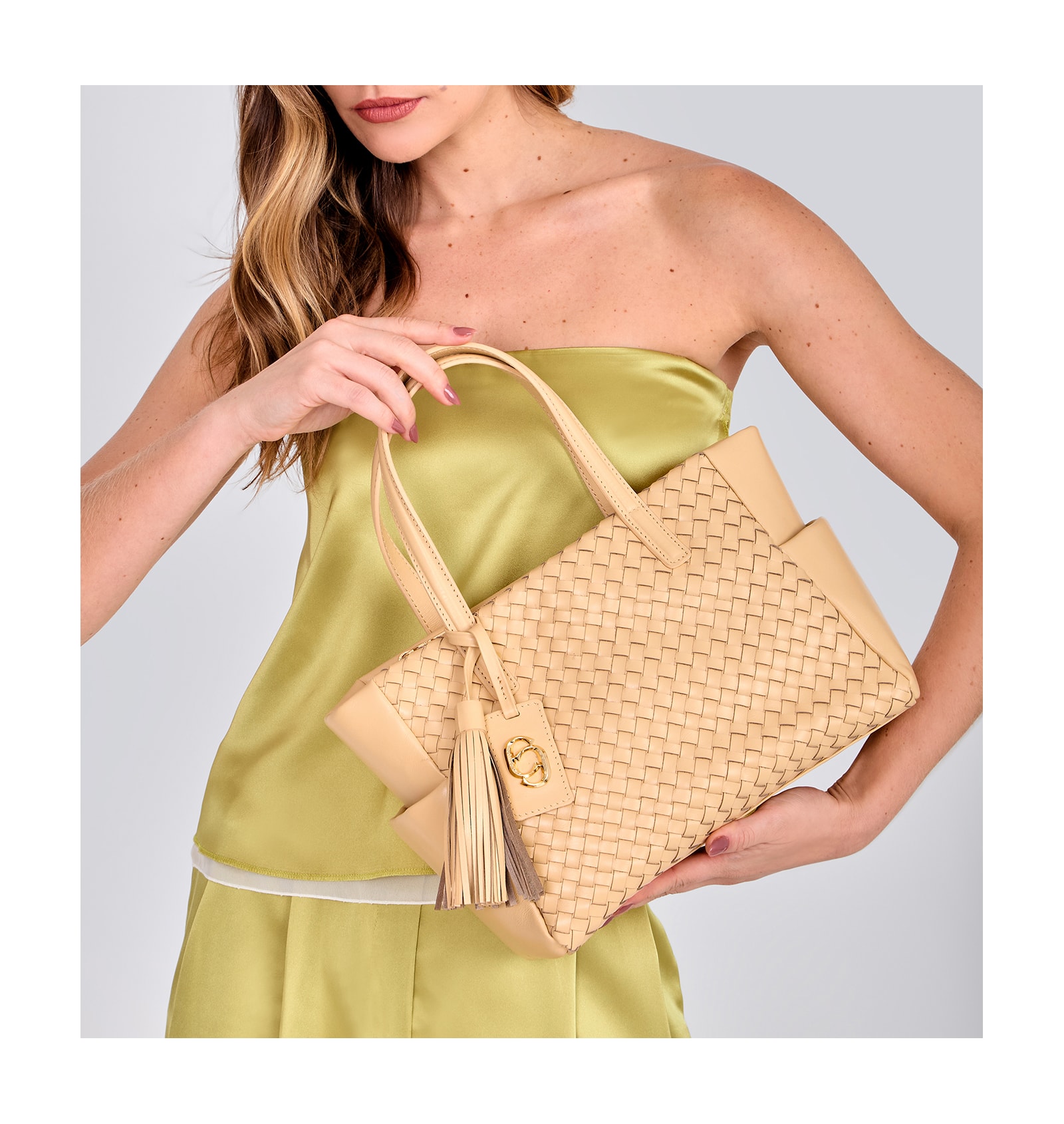 Bolsa Tote Tressê Couro Amarelo