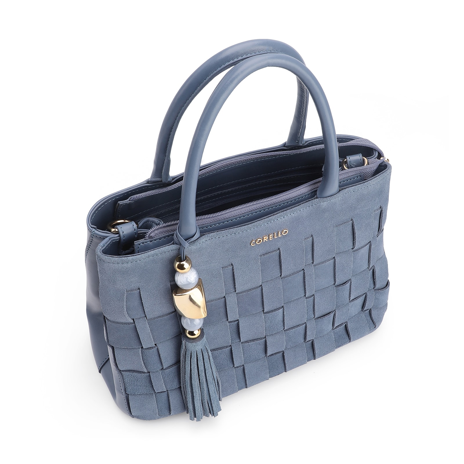 Bolsa Tote Tressê Couro Camurça/Couro Azul