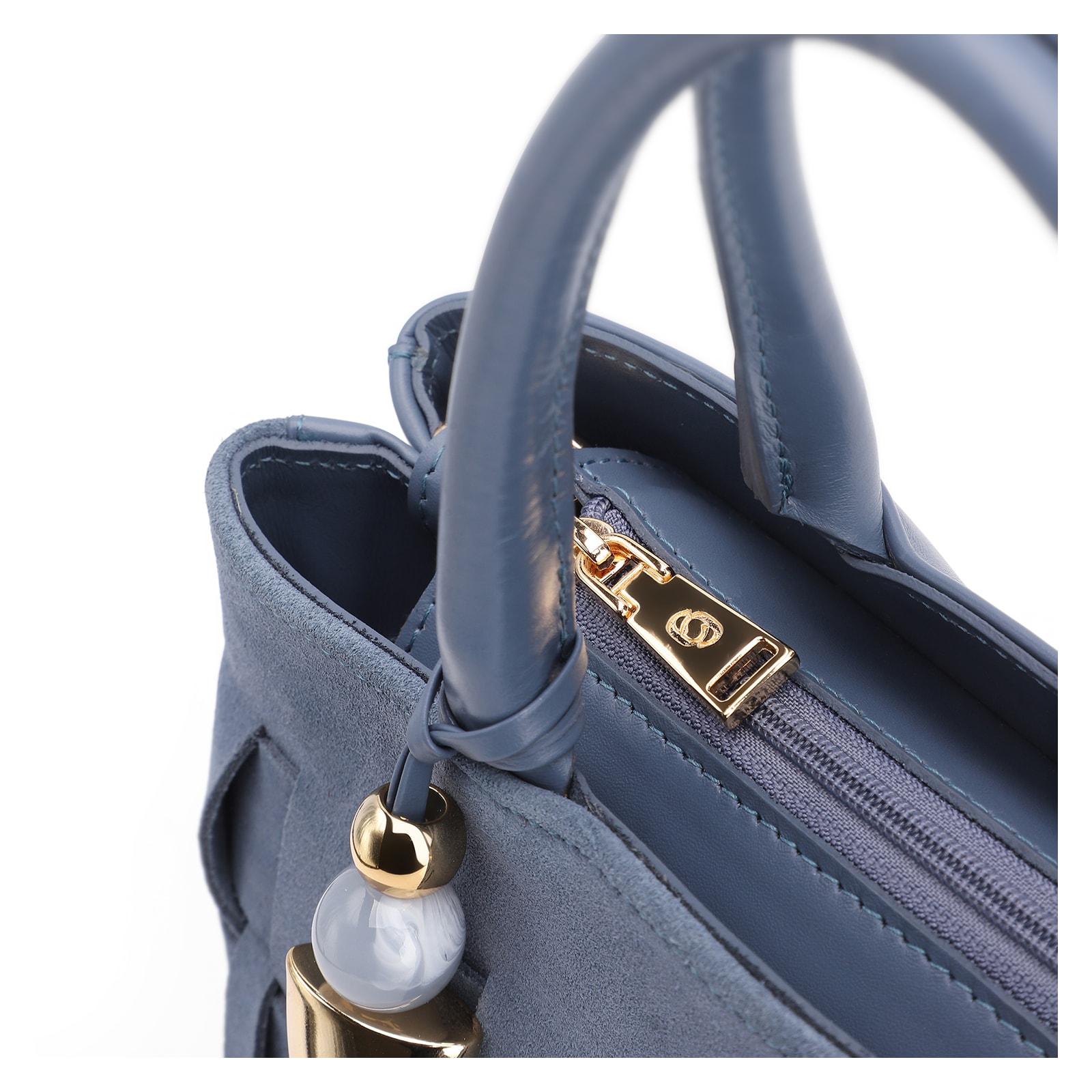 Bolsa Tote Tressê Couro Camurça/Couro Azul