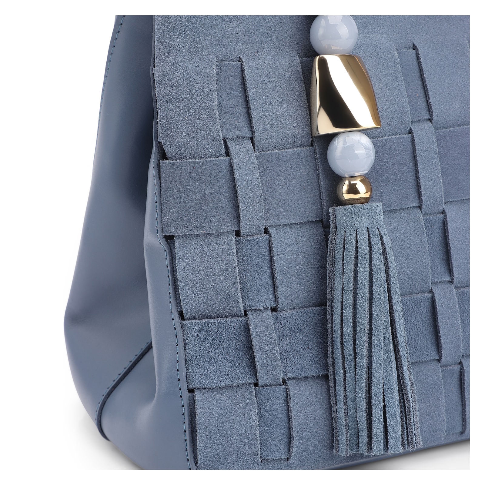 Bolsa Tote Tressê Couro Camurça/Couro Azul