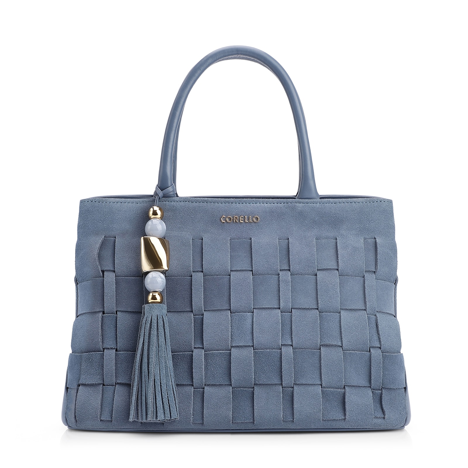 Bolsa Tote Tressê Couro Camurça/Couro Azul