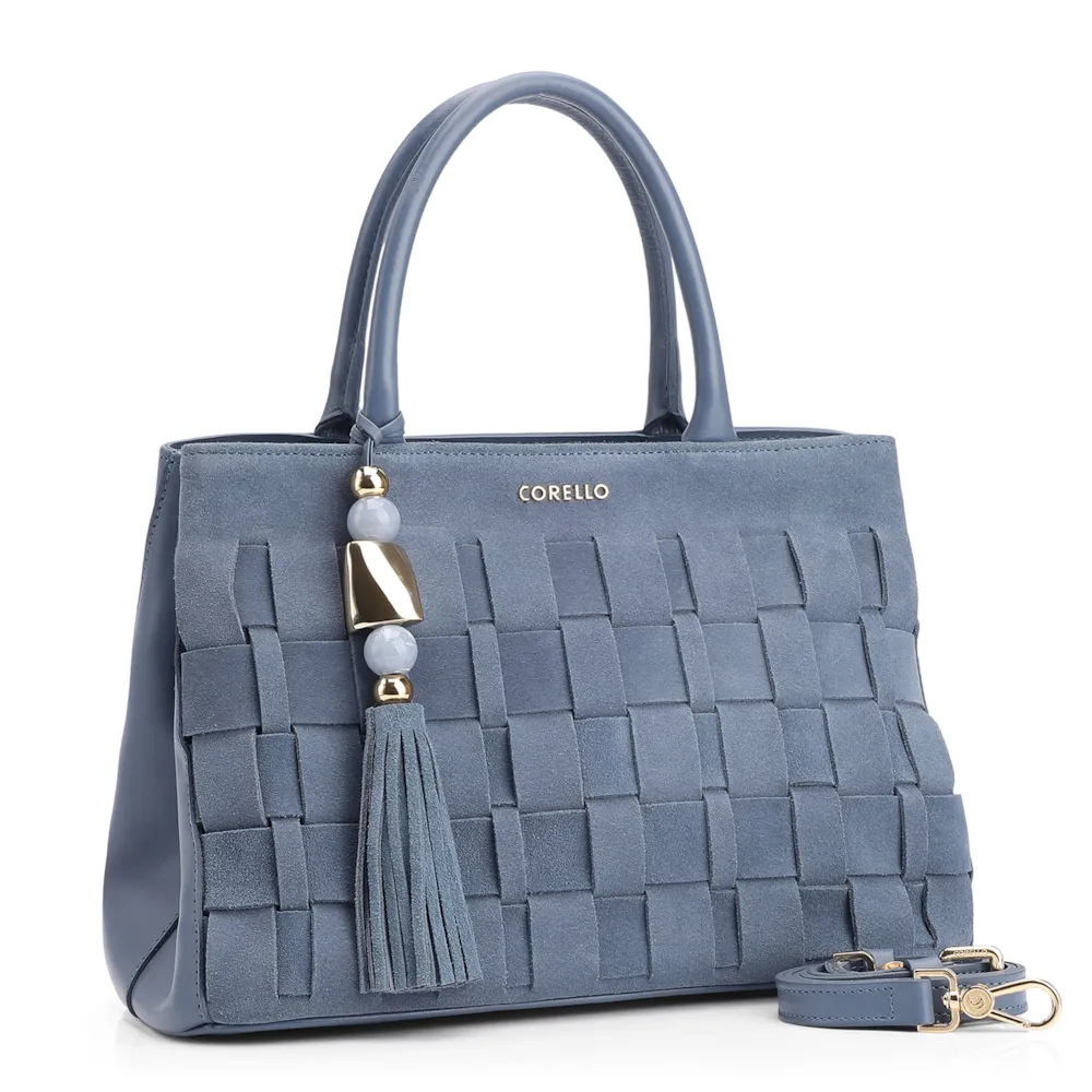 Bolsa Tote Tressê Couro Camurça/Couro Azul - imagem 2