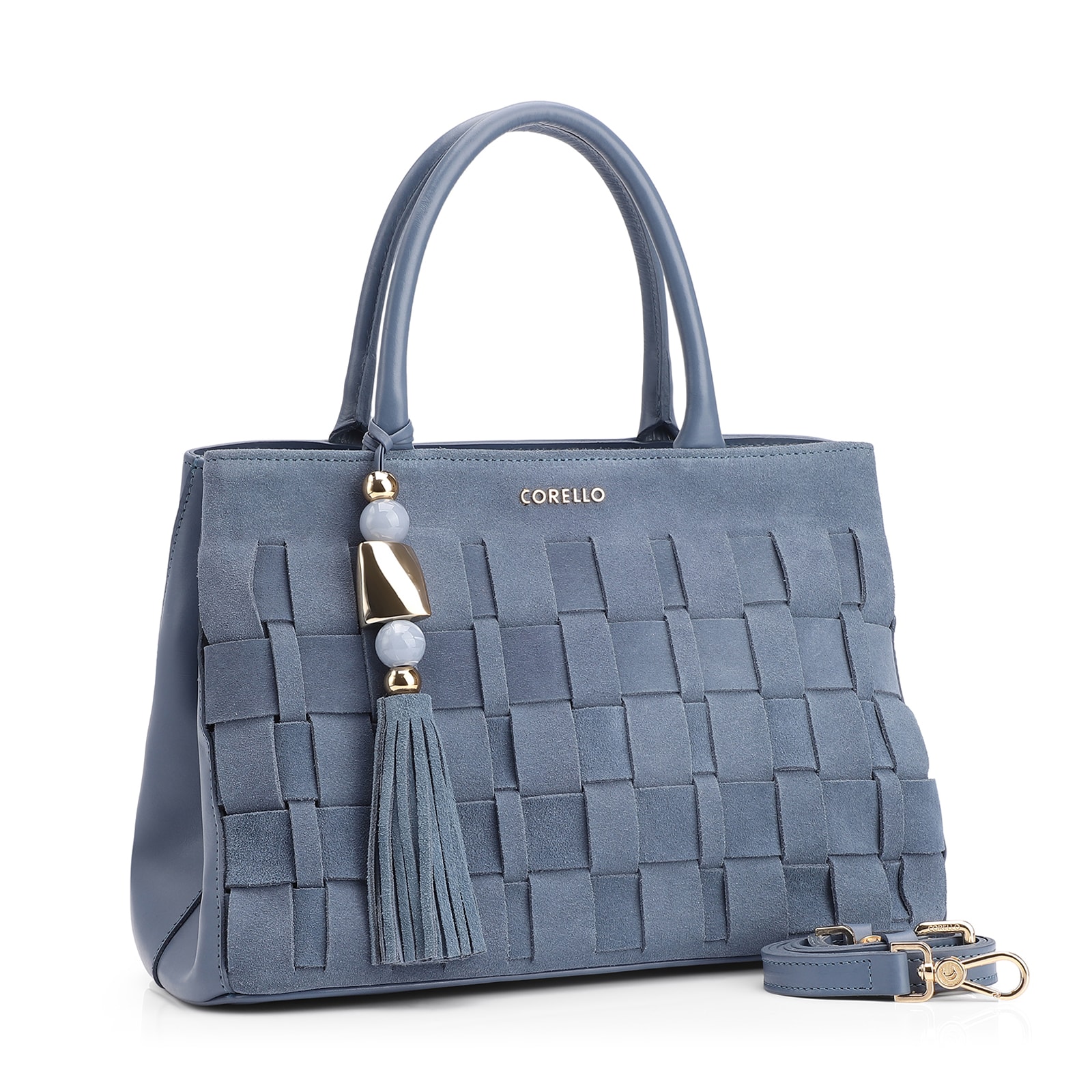 Bolsa Tote Tressê Couro Camurça/Couro Azul