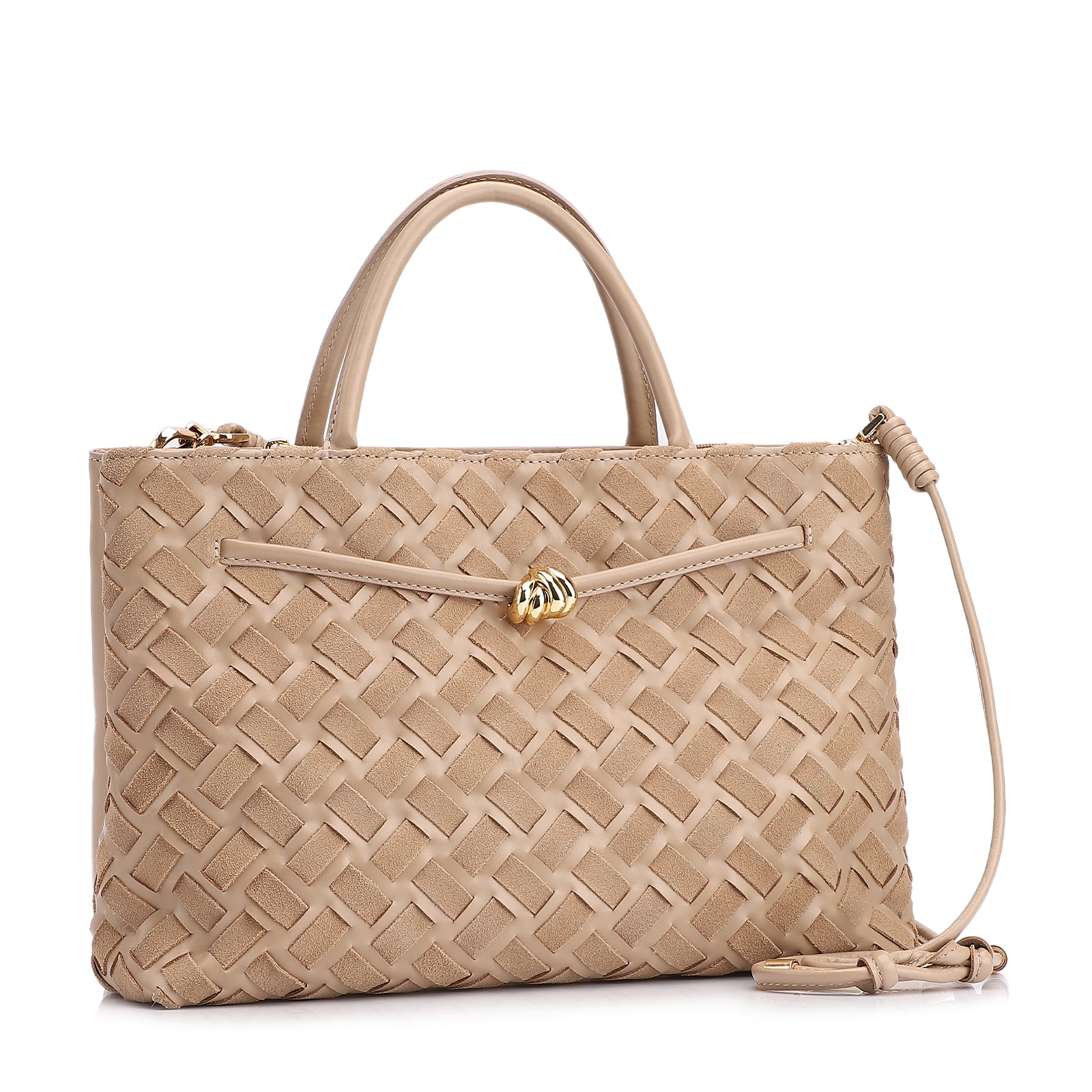 Bolsa Tote Tressê Couro Camurça/Couro Bege