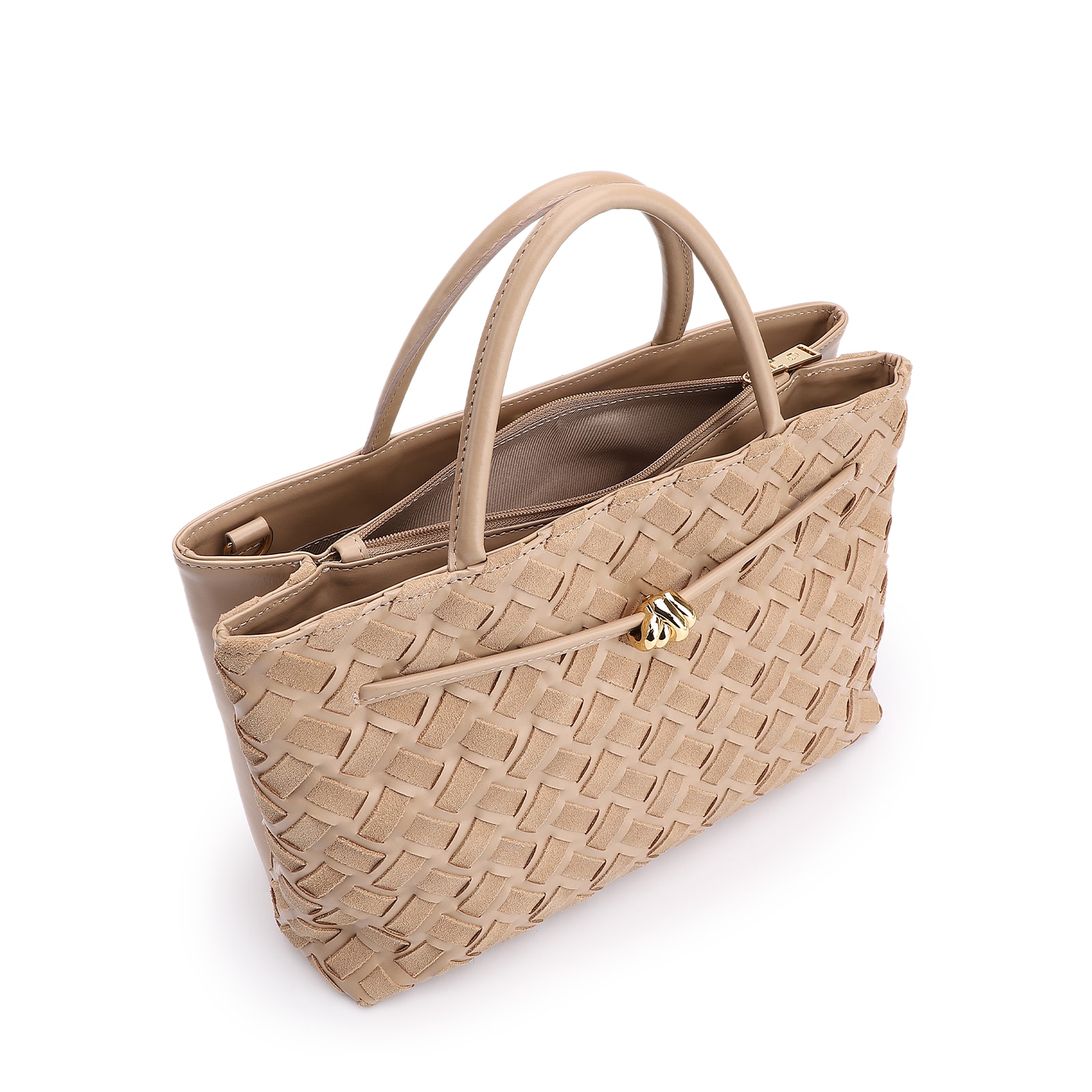 Bolsa Tote Tressê Couro Camurça/Couro Bege