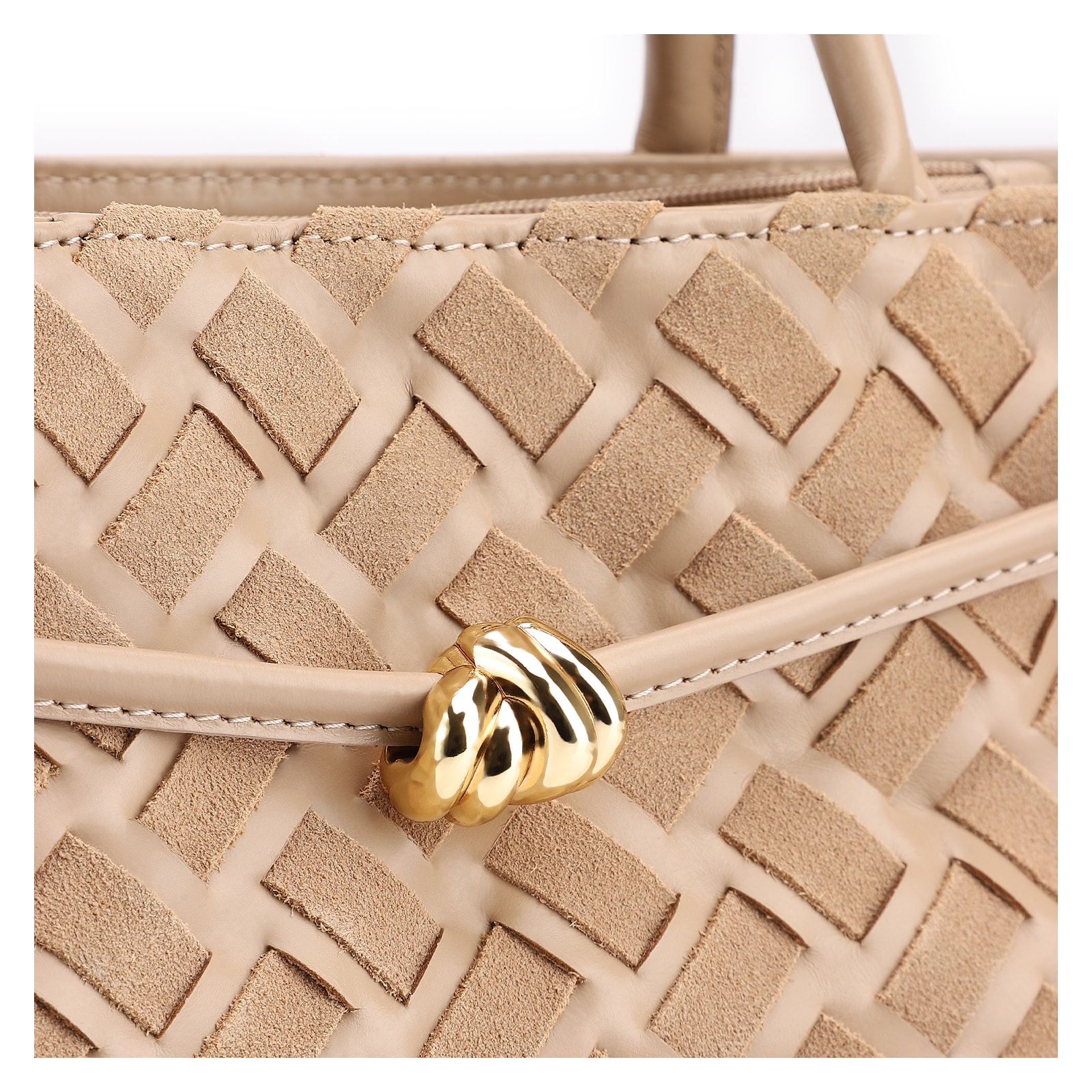 Bolsa Tote Tressê Couro Camurça/Couro Bege