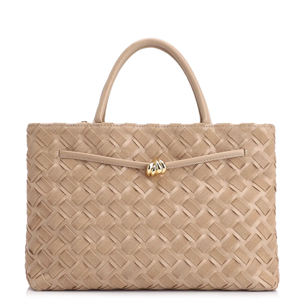 Bolsa Tote Tressê Couro Camurça/Couro Bege