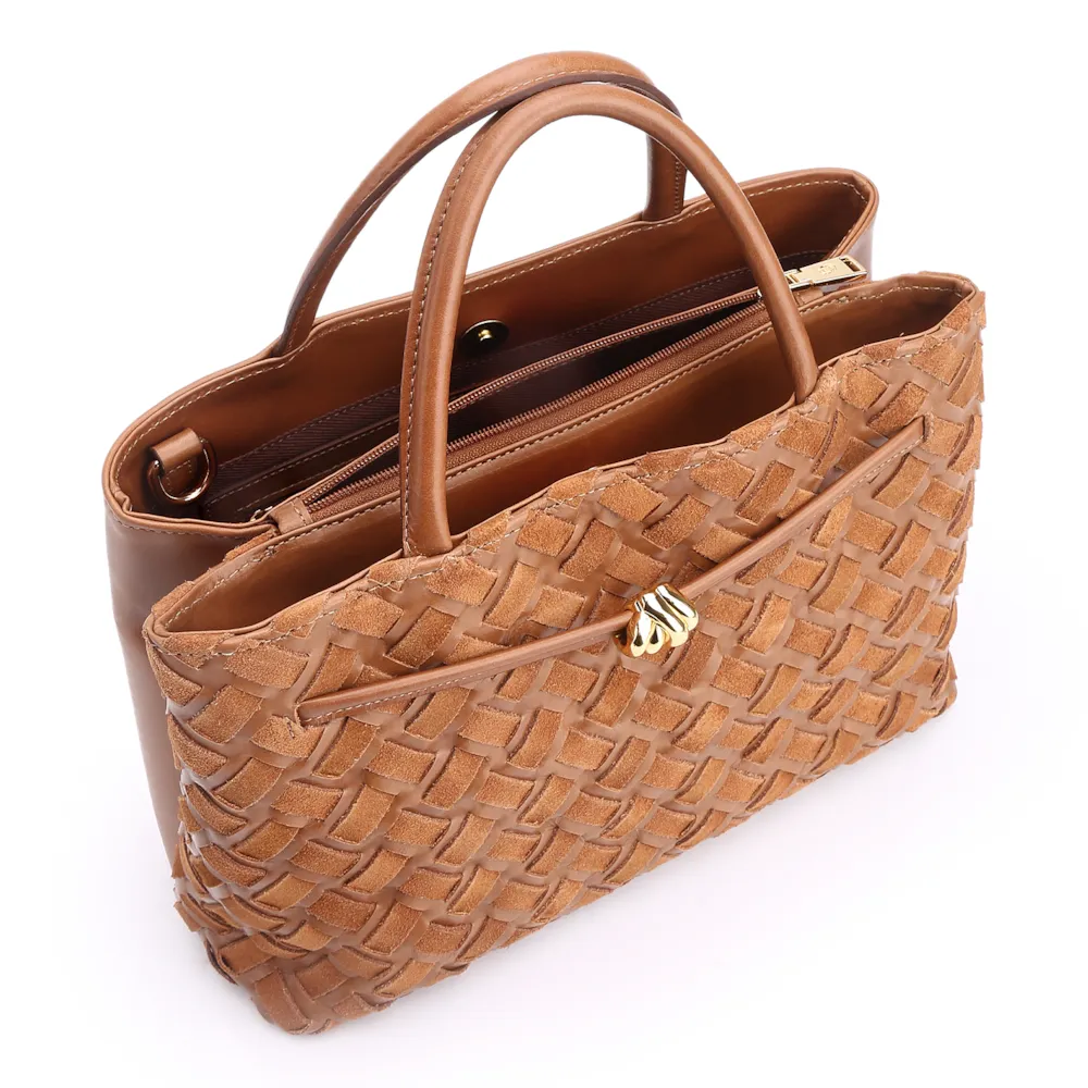 Bolsa Tote Tressê Couro Camurça/Couro Marrom Claro - imagem 4