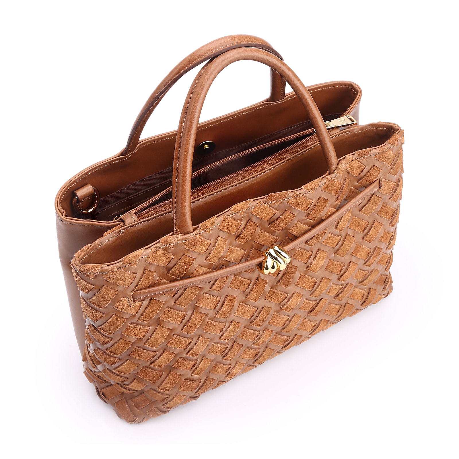 Bolsa Tote Tressê Couro Camurça/Couro Marrom Claro