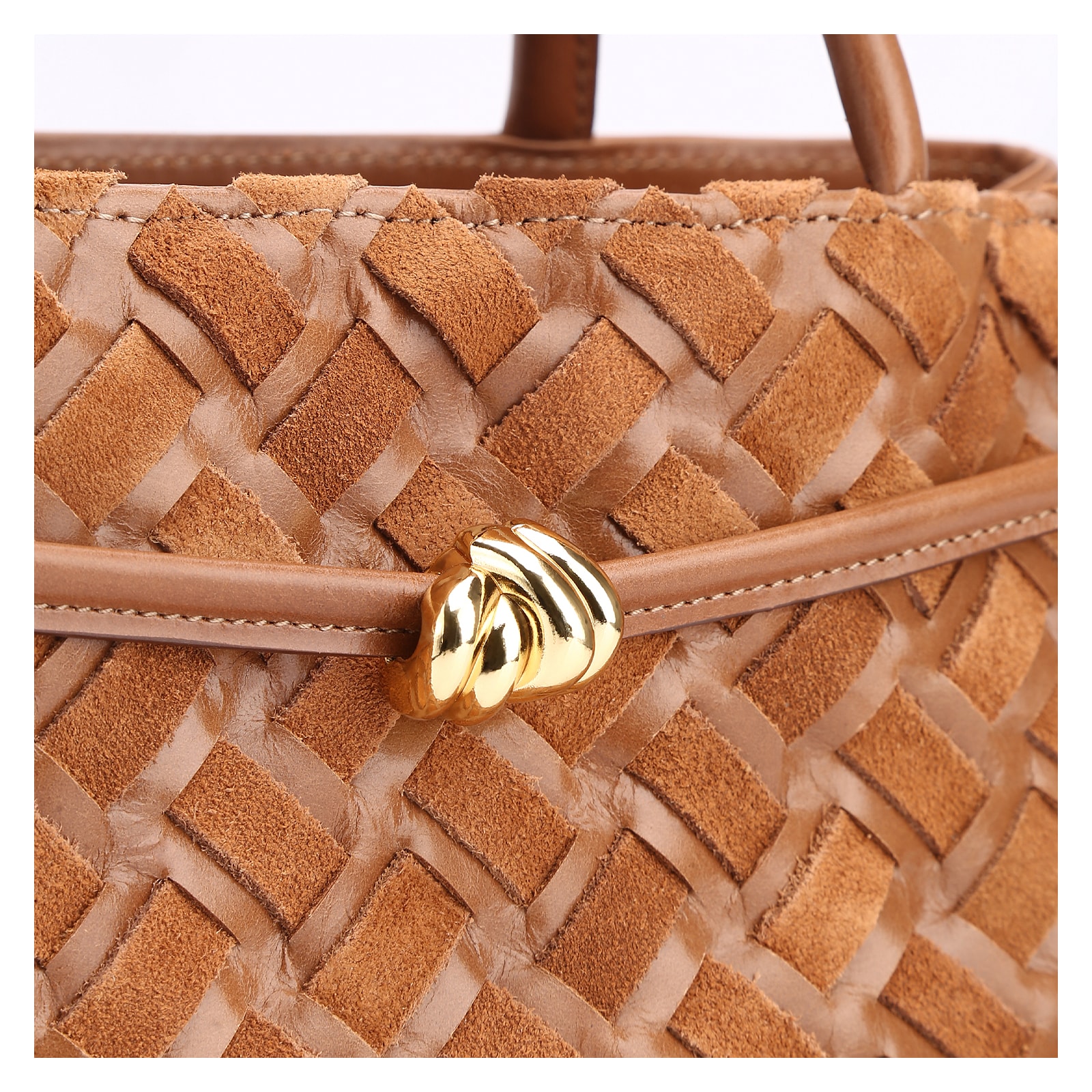 Bolsa Tote Tressê Couro Camurça/Couro Marrom Claro