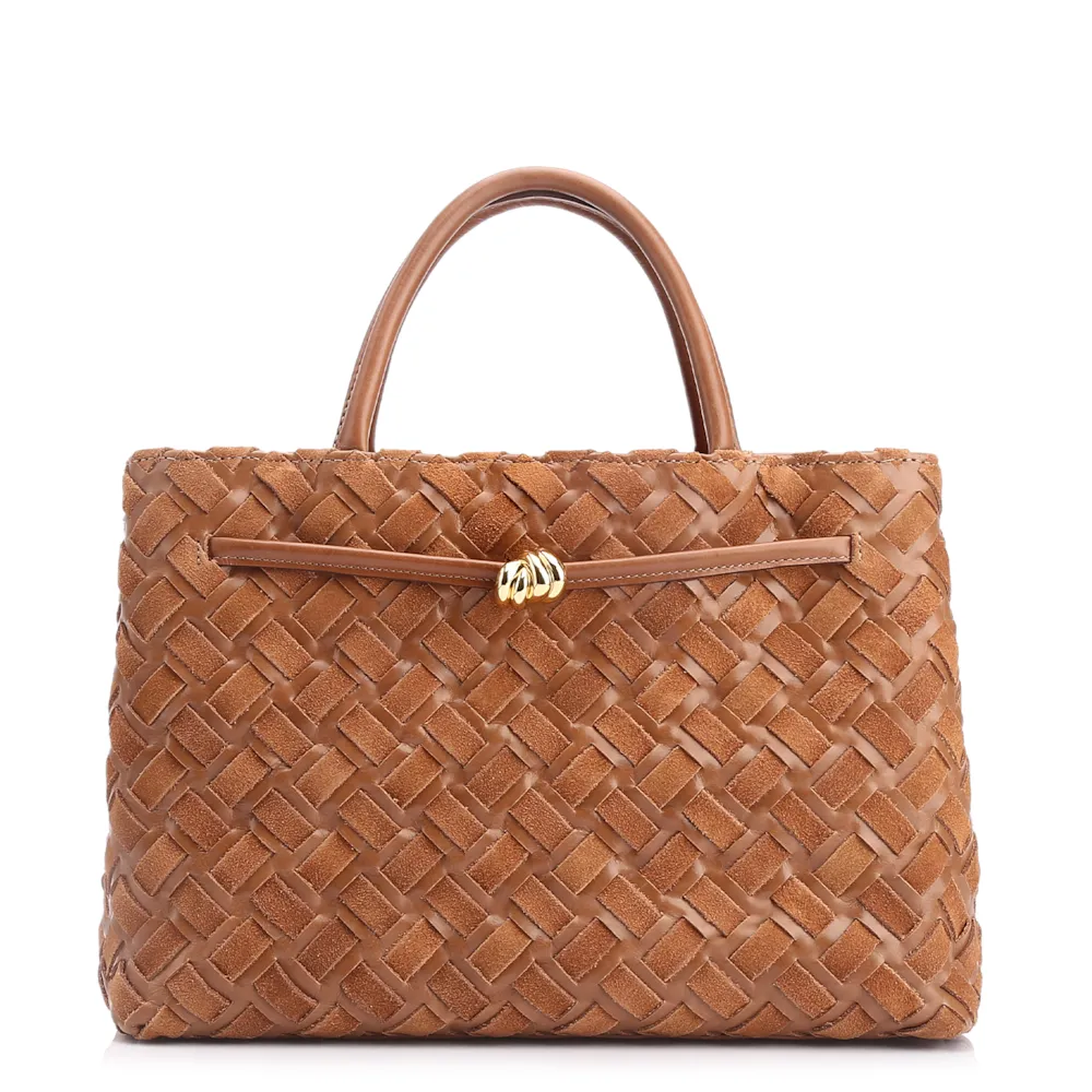 Bolsa Tote Tressê Couro Camurça/Couro Marrom Claro