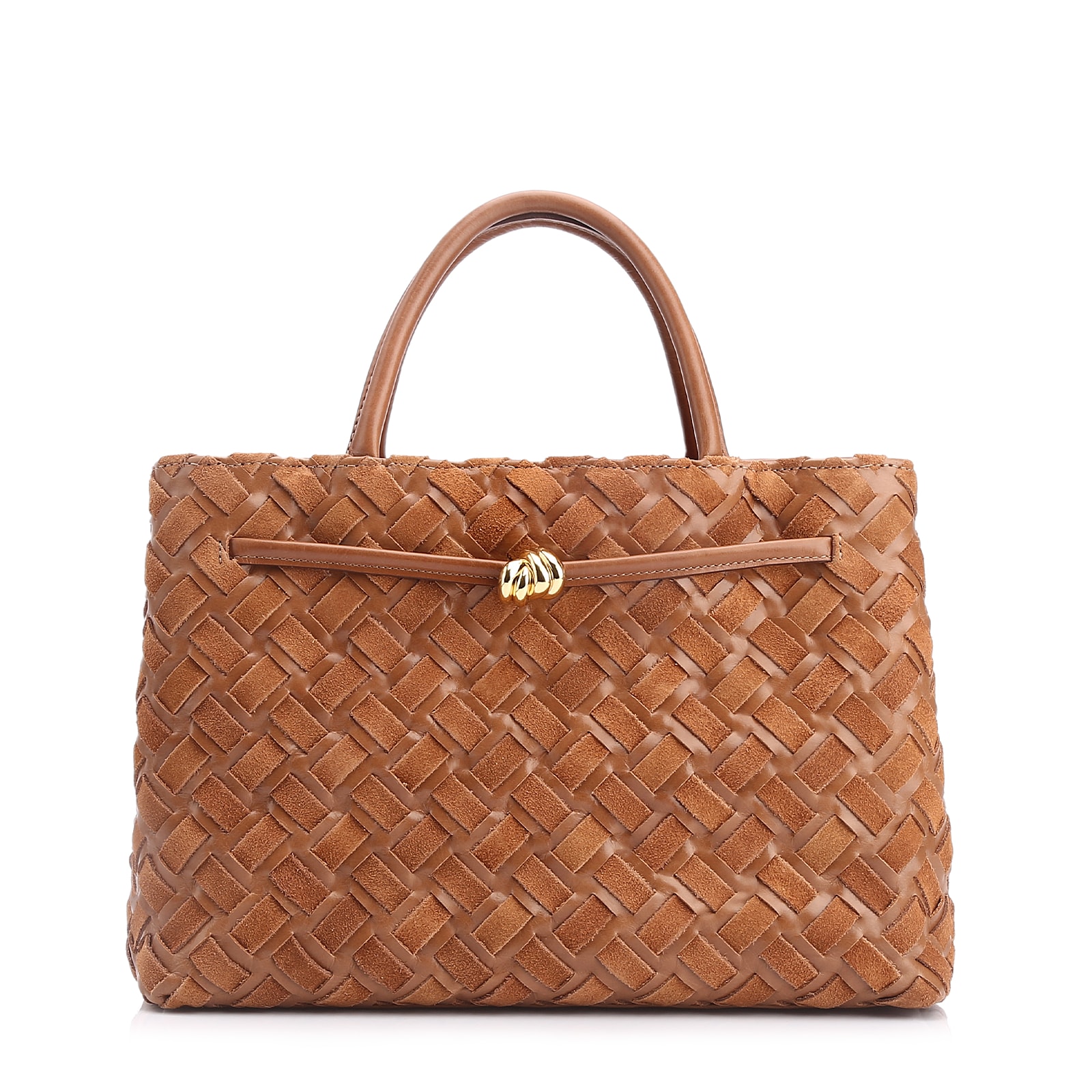 Bolsa Tote Tressê Couro Camurça/Couro Marrom Claro