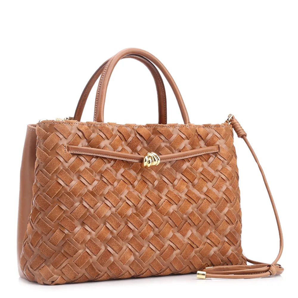 Bolsa Tote Tressê Couro Camurça/Couro Marrom Claro - imagem 2