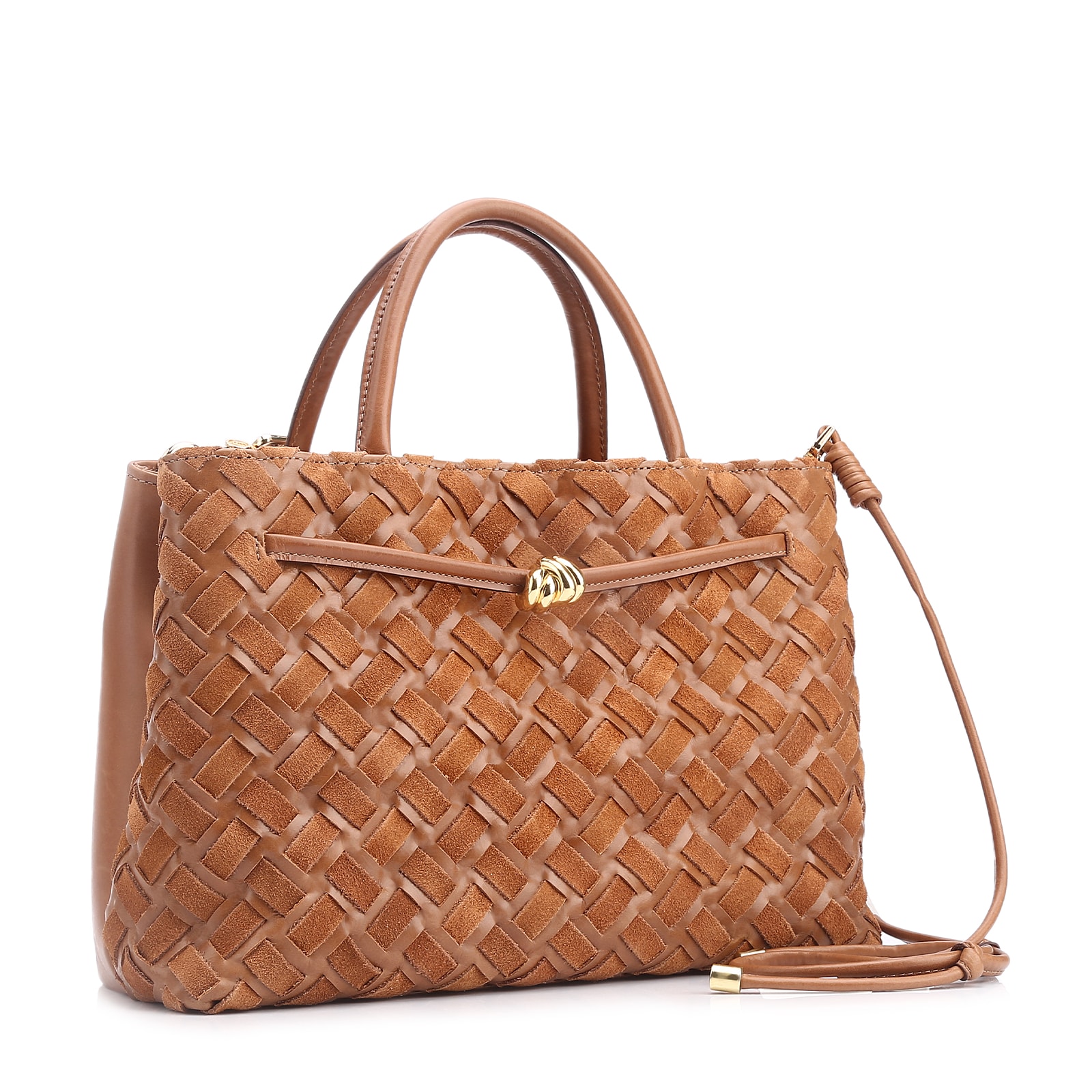 Bolsa Tote Tressê Couro Camurça/Couro Marrom Claro