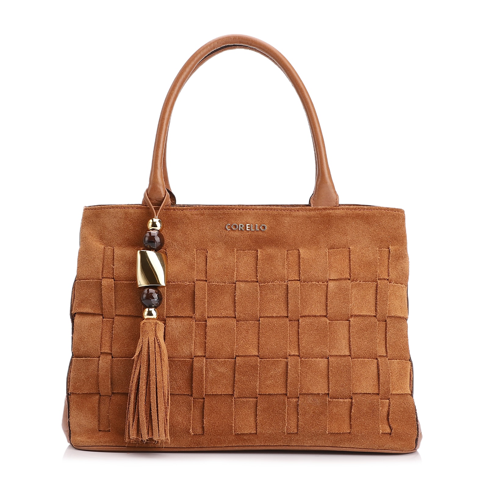 Bolsa Tote Tressê Couro Camurça/Couro Marrom Claro