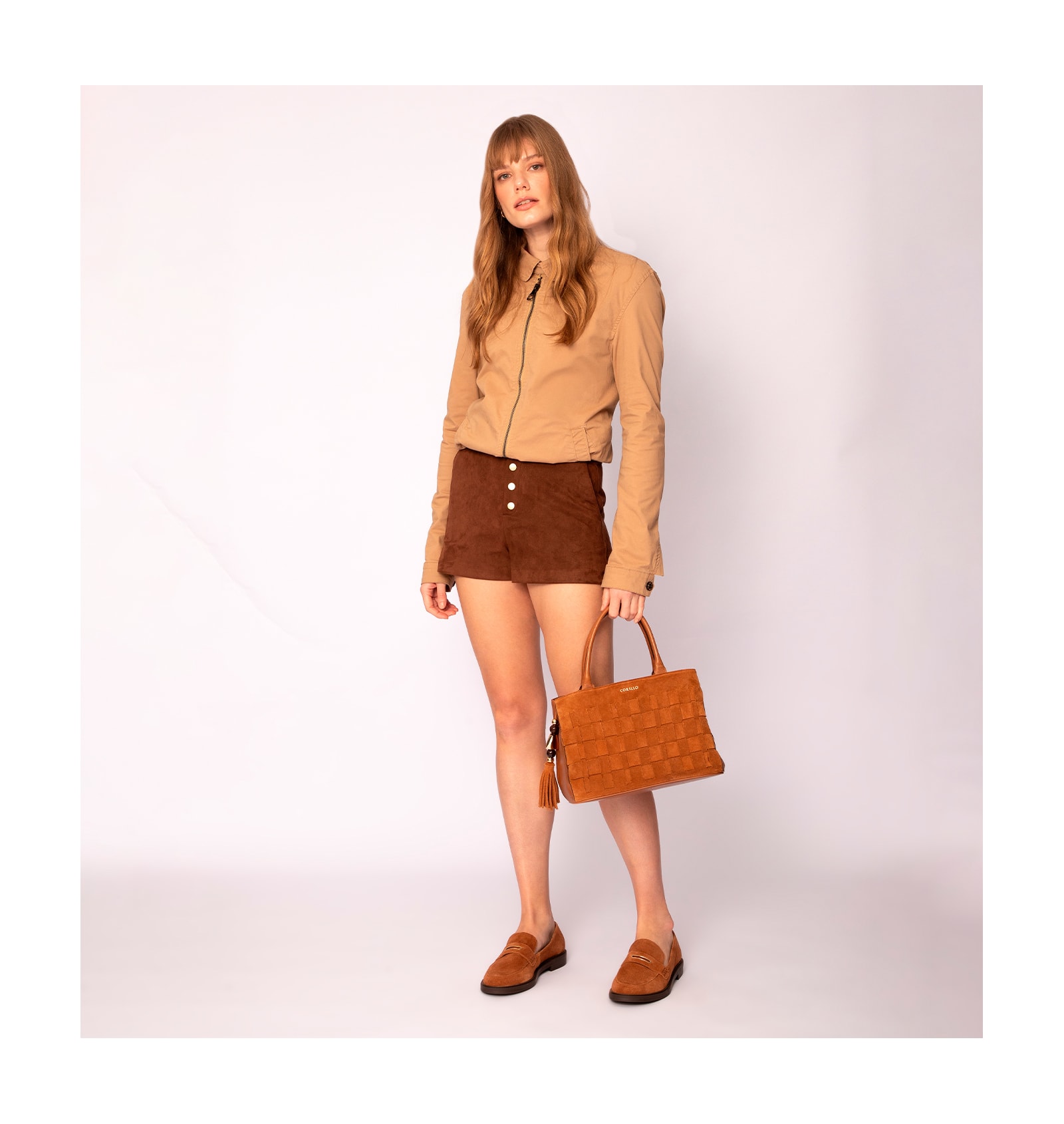 Bolsa Tote Tressê Couro Camurça/Couro Marrom Claro