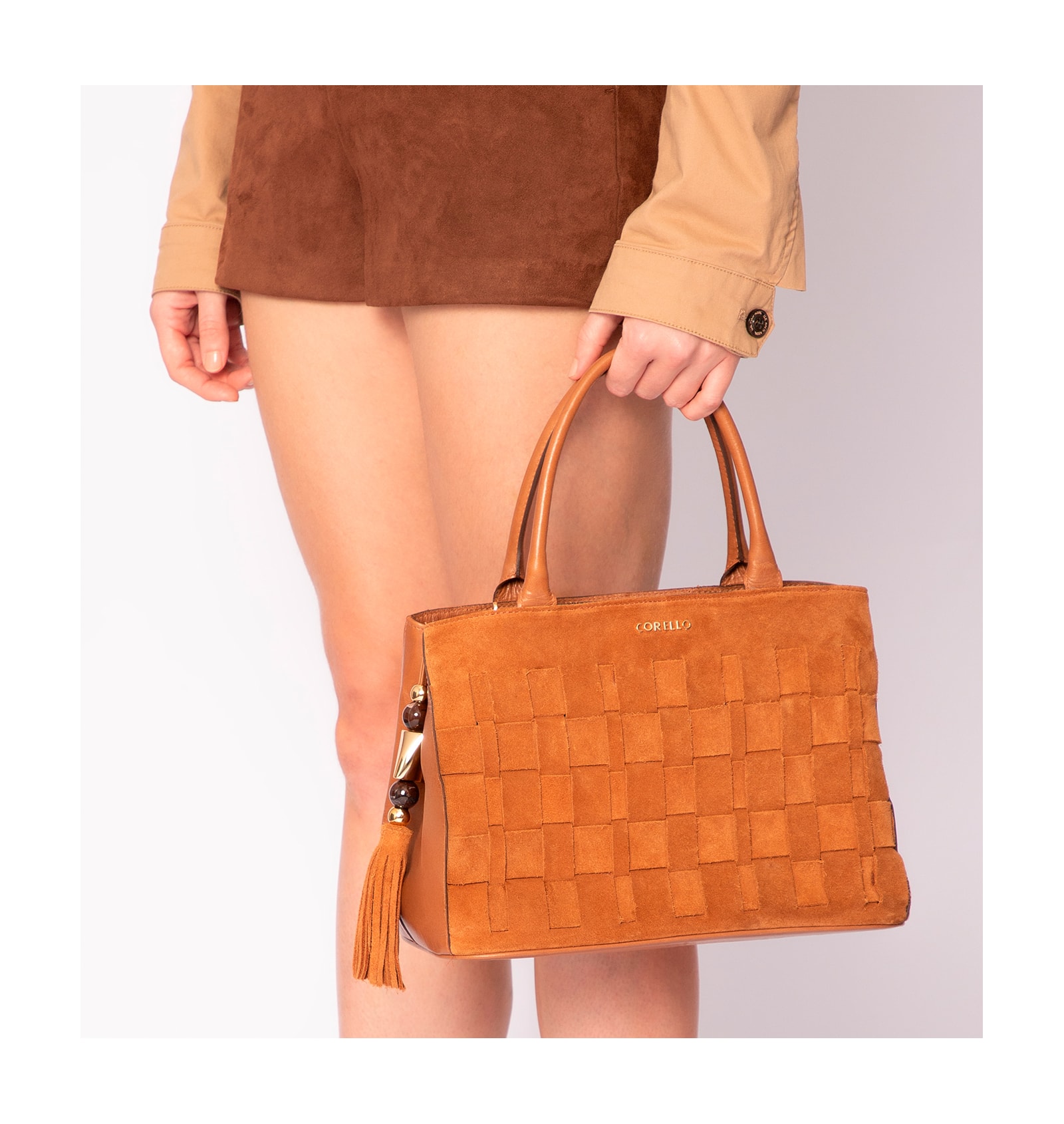 Bolsa Tote Tressê Couro Camurça/Couro Marrom Claro