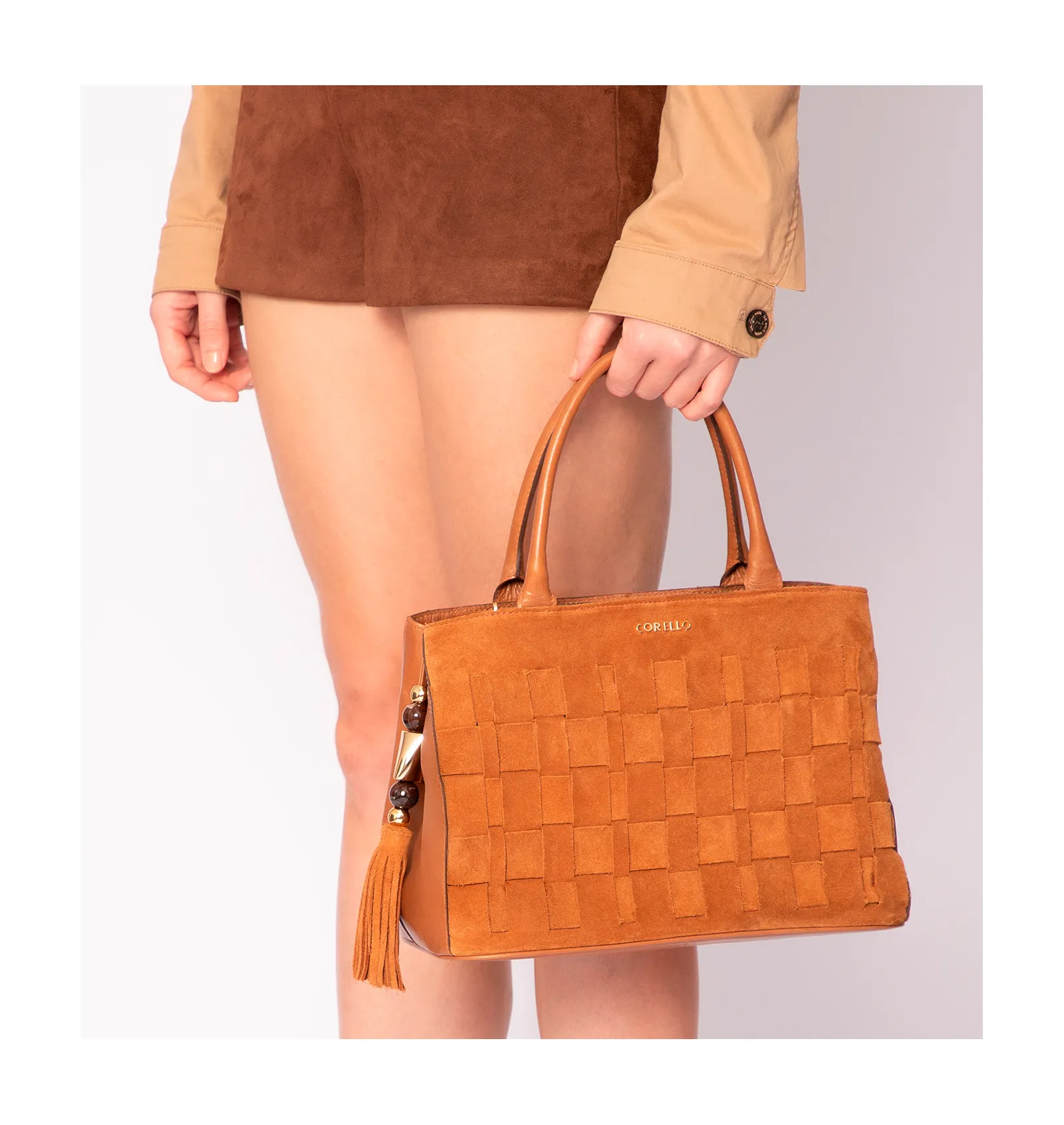 Bolsa Tote Tressê Couro Camurça/Couro Marrom Claro