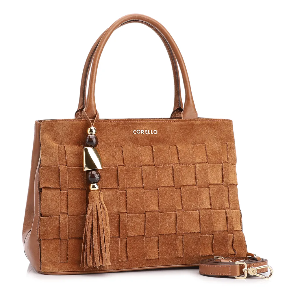 Bolsa Tote Tressê Couro Camurça/Couro Marrom Claro - imagem 3