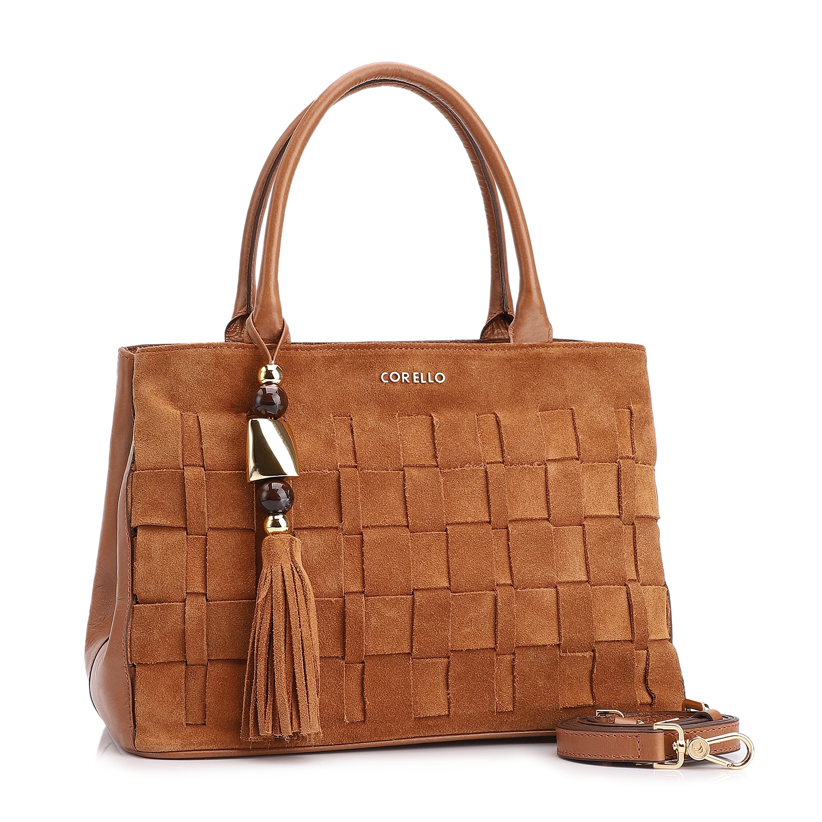 Bolsa Tote Tressê Couro Camurça/Couro Marrom Claro