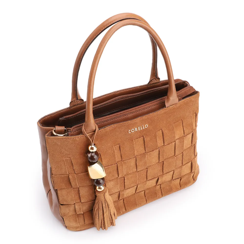 Bolsa Tote Tressê Couro Camurça/Couro Marrom Claro - imagem 5