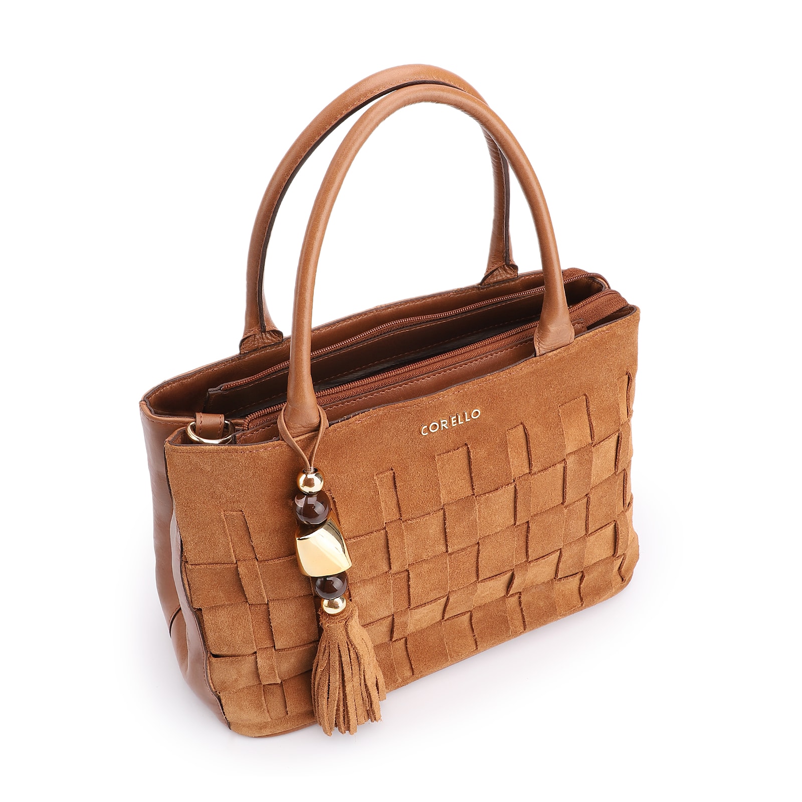 Bolsa Tote Tressê Couro Camurça/Couro Marrom Claro