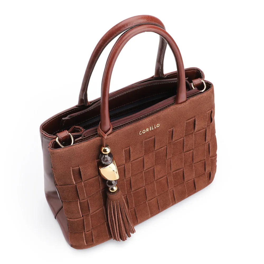 Bolsa Tote Tressê Couro Camurça/Couro Marrom Escuro - imagem 4