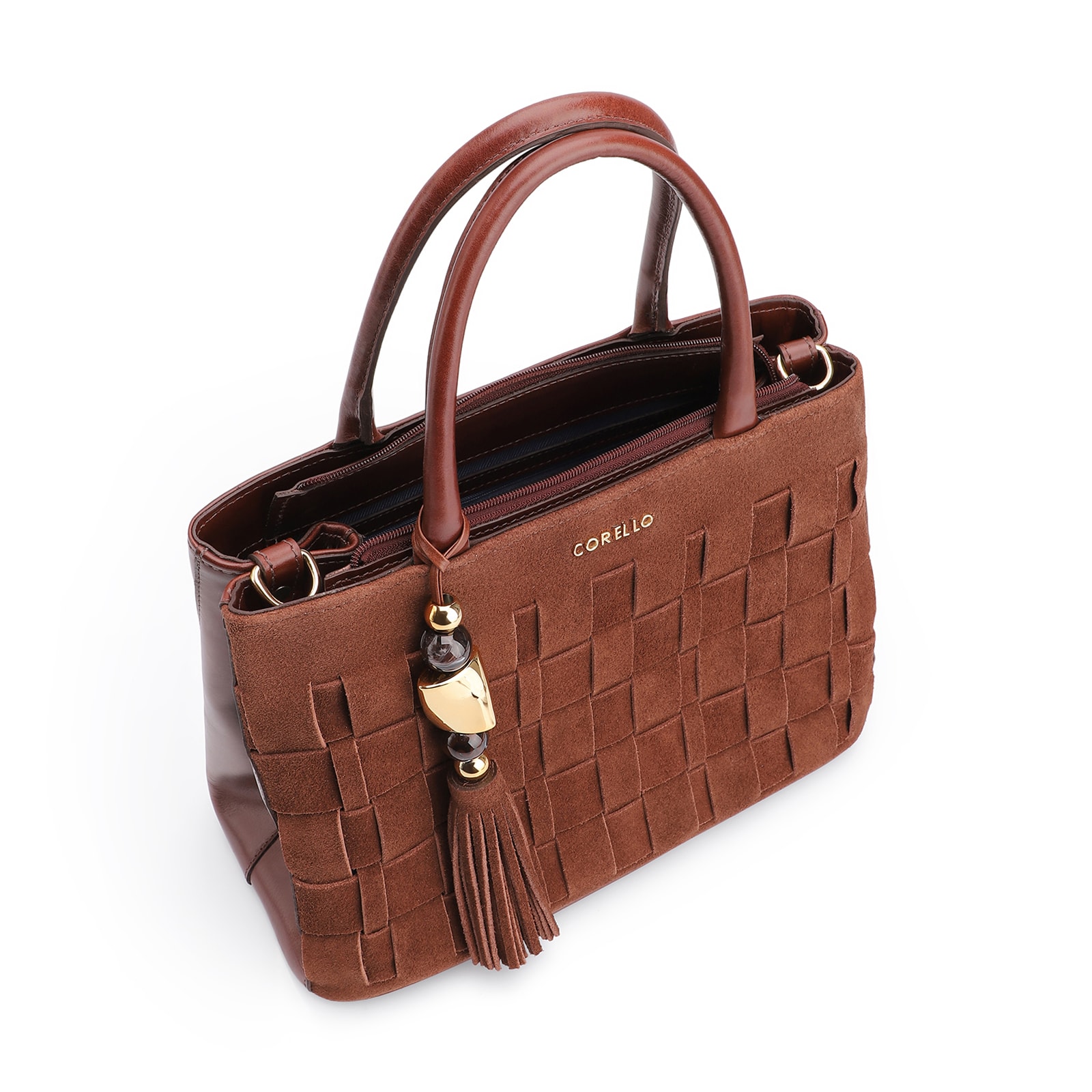 Bolsa Tote Tressê Couro Camurça/Couro Marrom Escuro