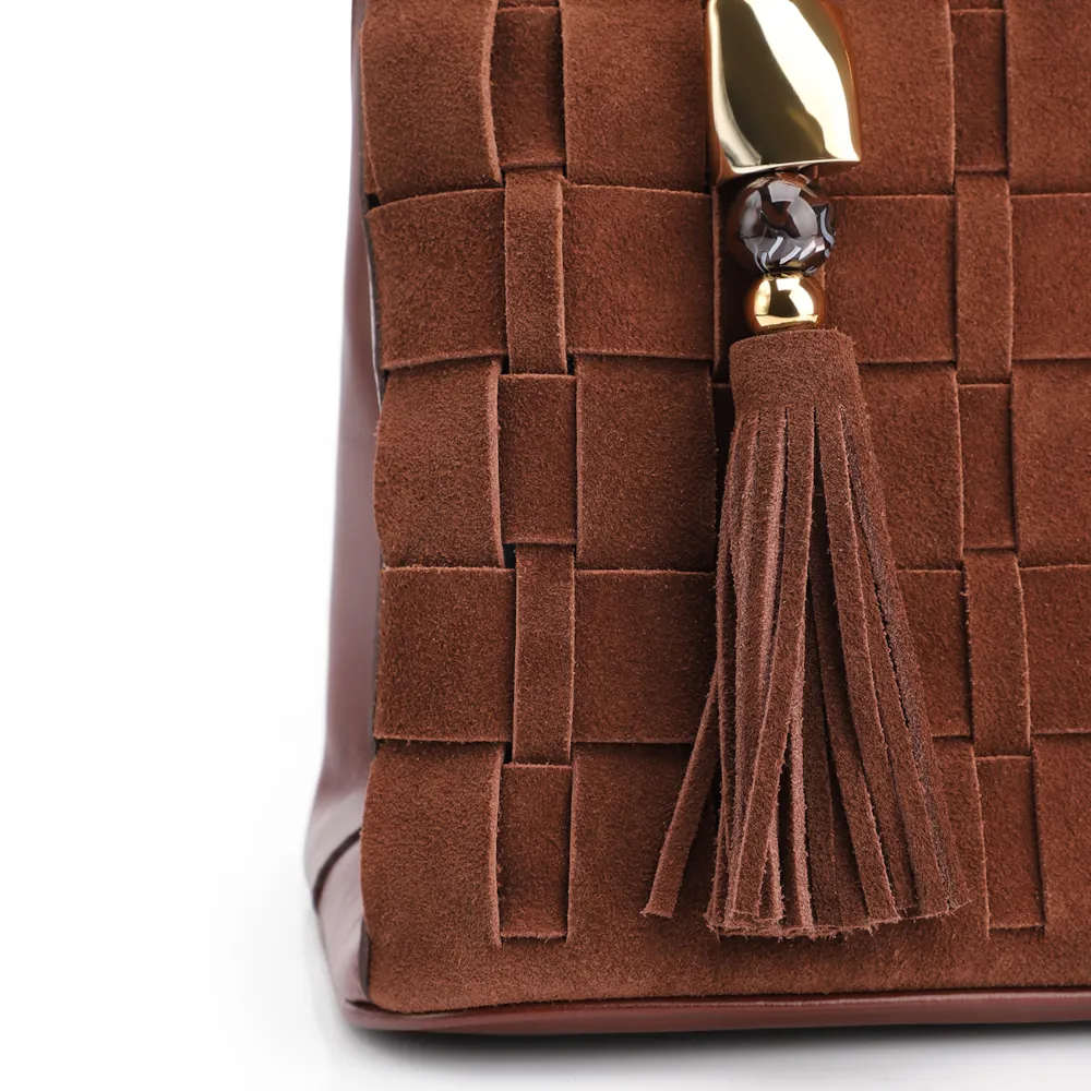 Bolsa Tote Tressê Couro Camurça/Couro Marrom Escuro - imagem 7