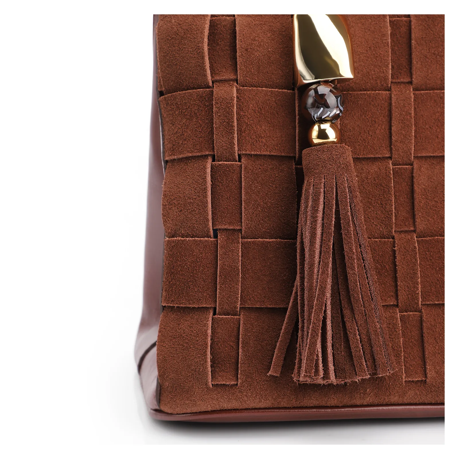 Bolsa Tote Tressê Couro Camurça/Couro Marrom Escuro