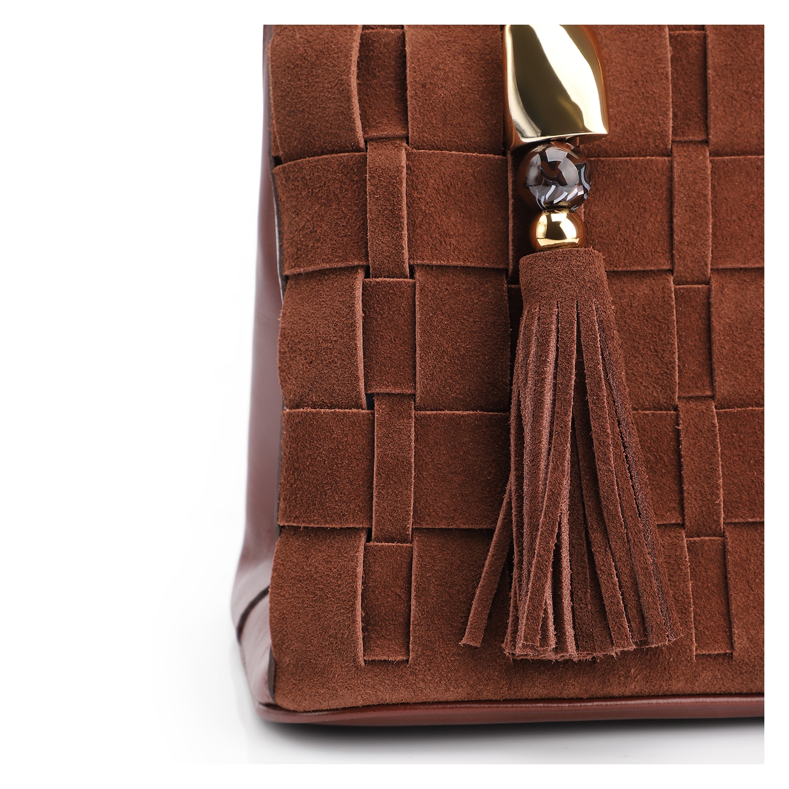 Bolsa Tote Tressê Couro Camurça/Couro Marrom Escuro