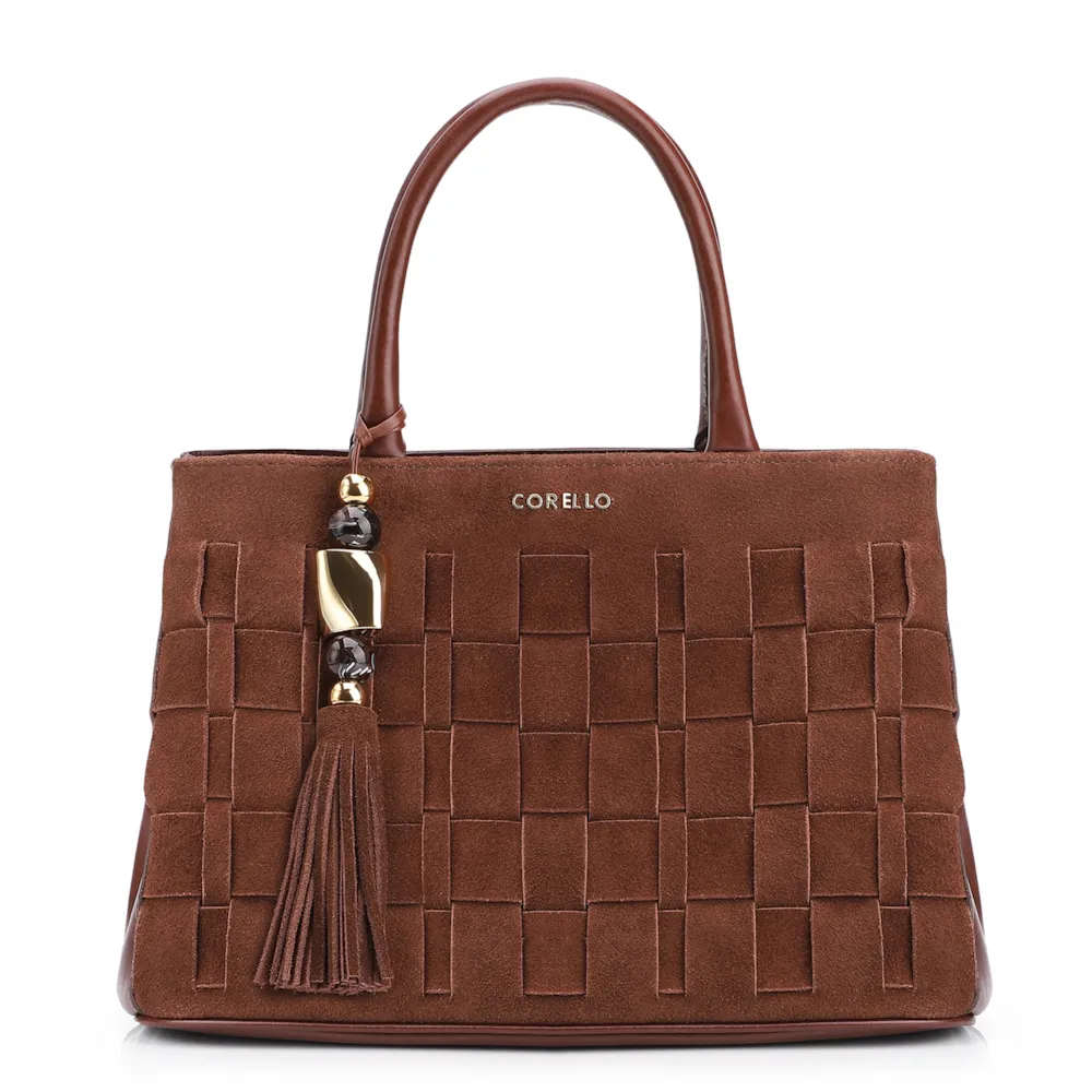 Bolsa Tote Tressê Couro Camurça/Couro Marrom Escuro