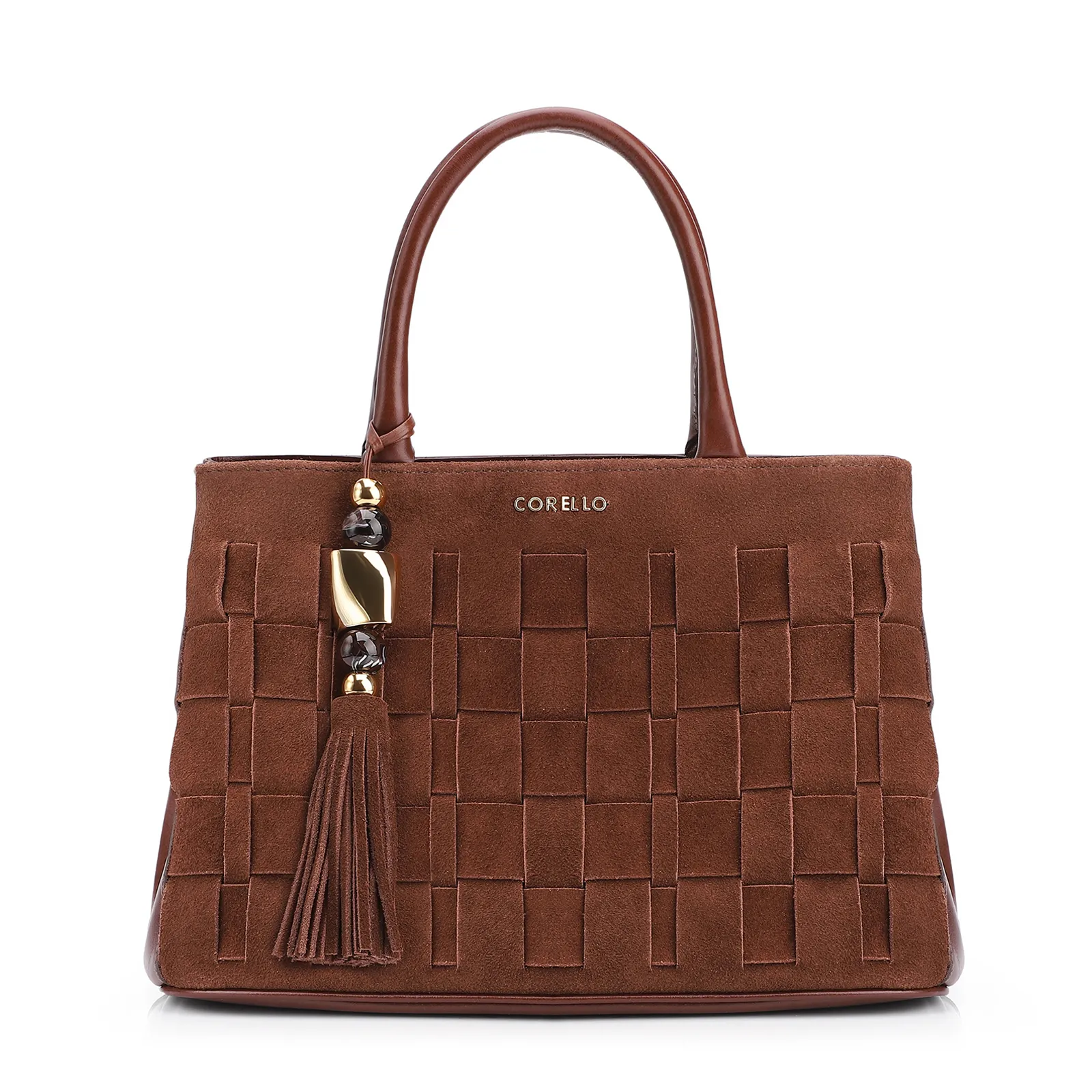 Bolsa Tote Tressê Couro Camurça/Couro Marrom Escuro