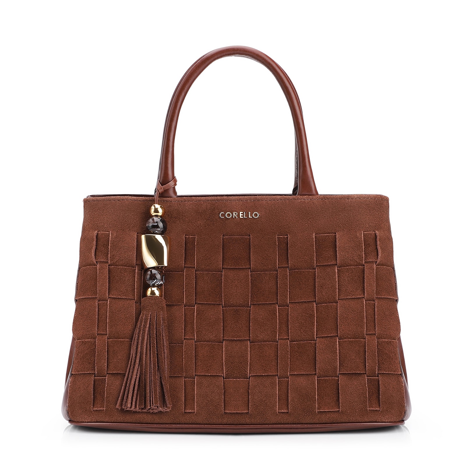 Bolsa Tote Tressê Couro Camurça/Couro Marrom Escuro