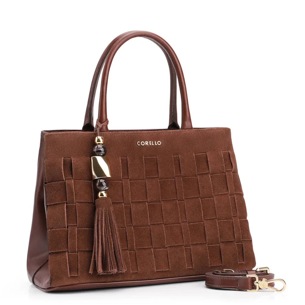 Bolsa Tote Tressê Couro Camurça/Couro Marrom Escuro - imagem 2