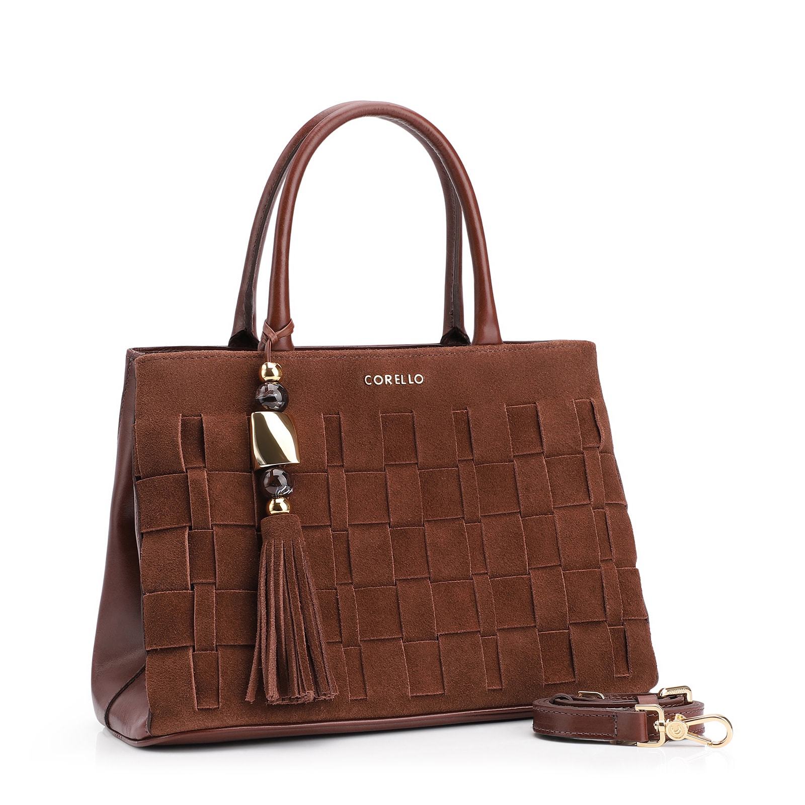Bolsa Tote Tressê Couro Camurça/Couro Marrom Escuro