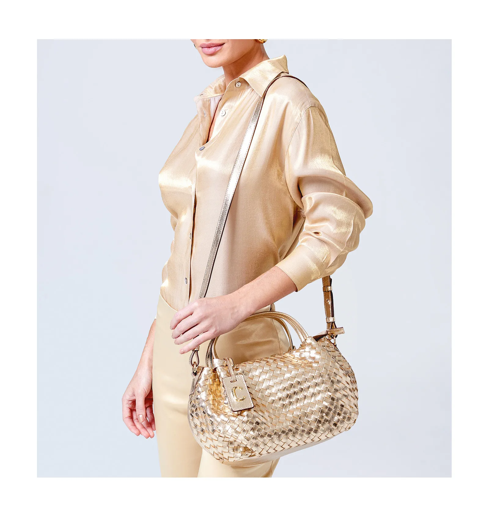 Bolsa Tote Tressê Couro Champagne
