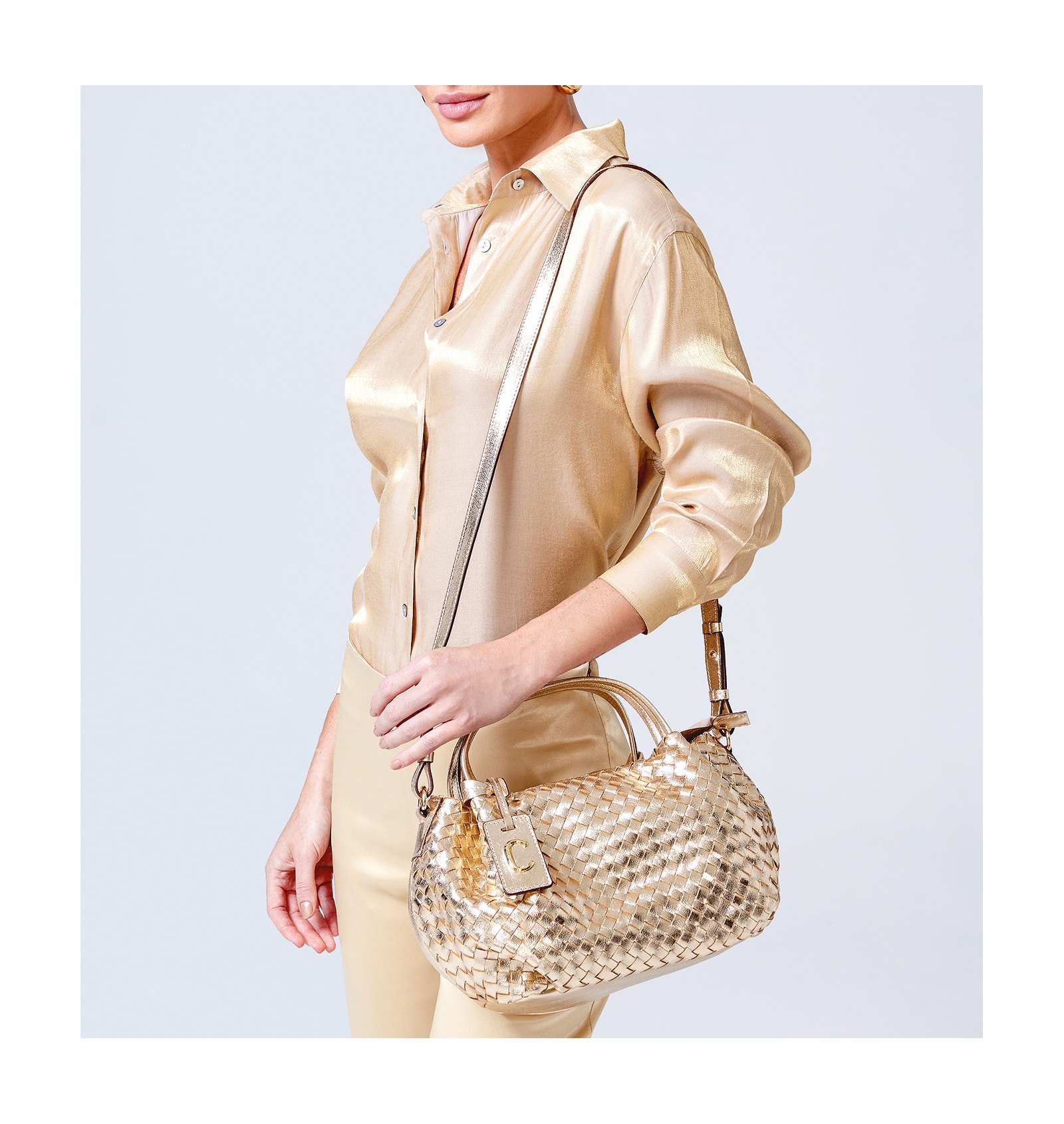 Bolsa Tote Tressê Couro Champagne