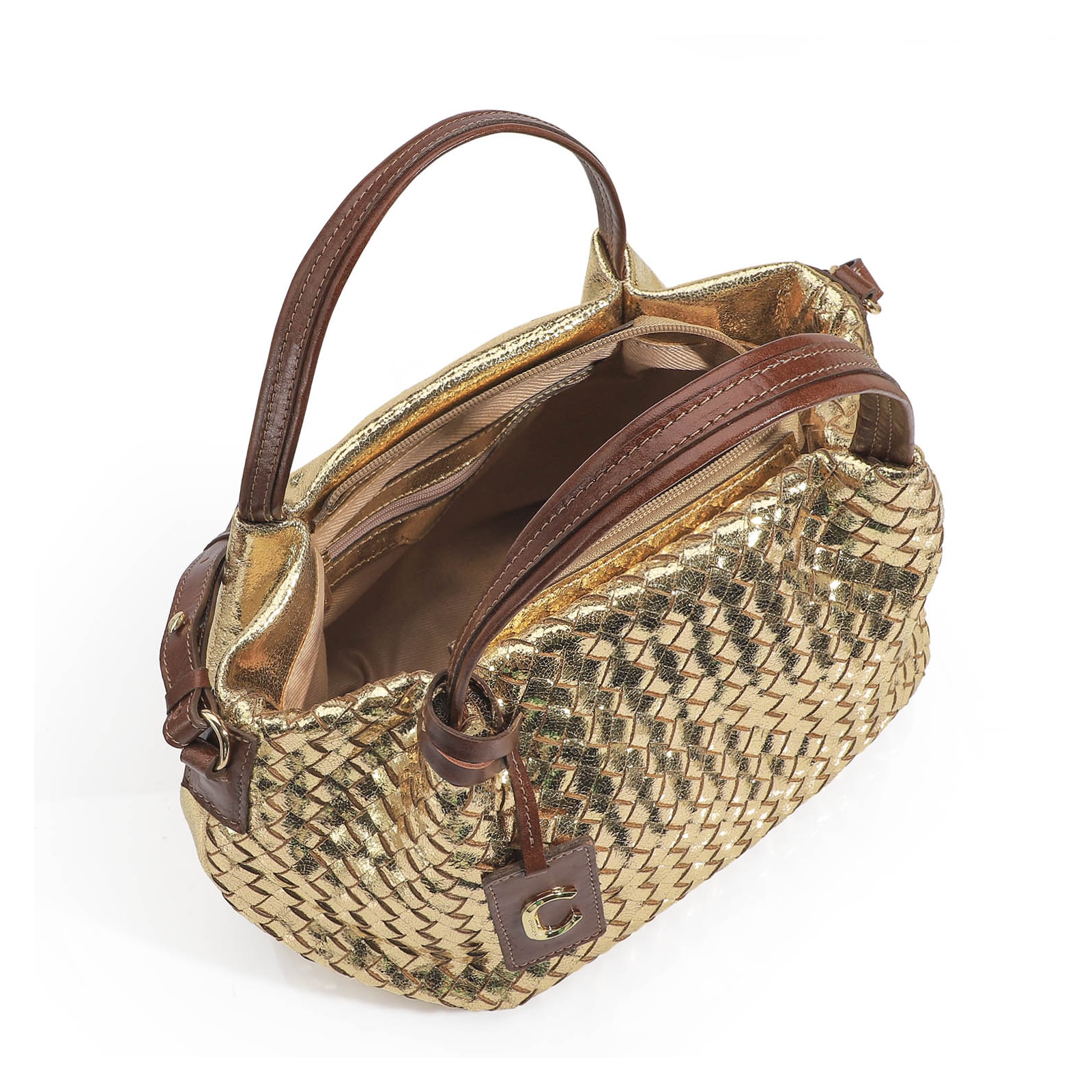 Bolsa Tote Tressê Couro Dourado